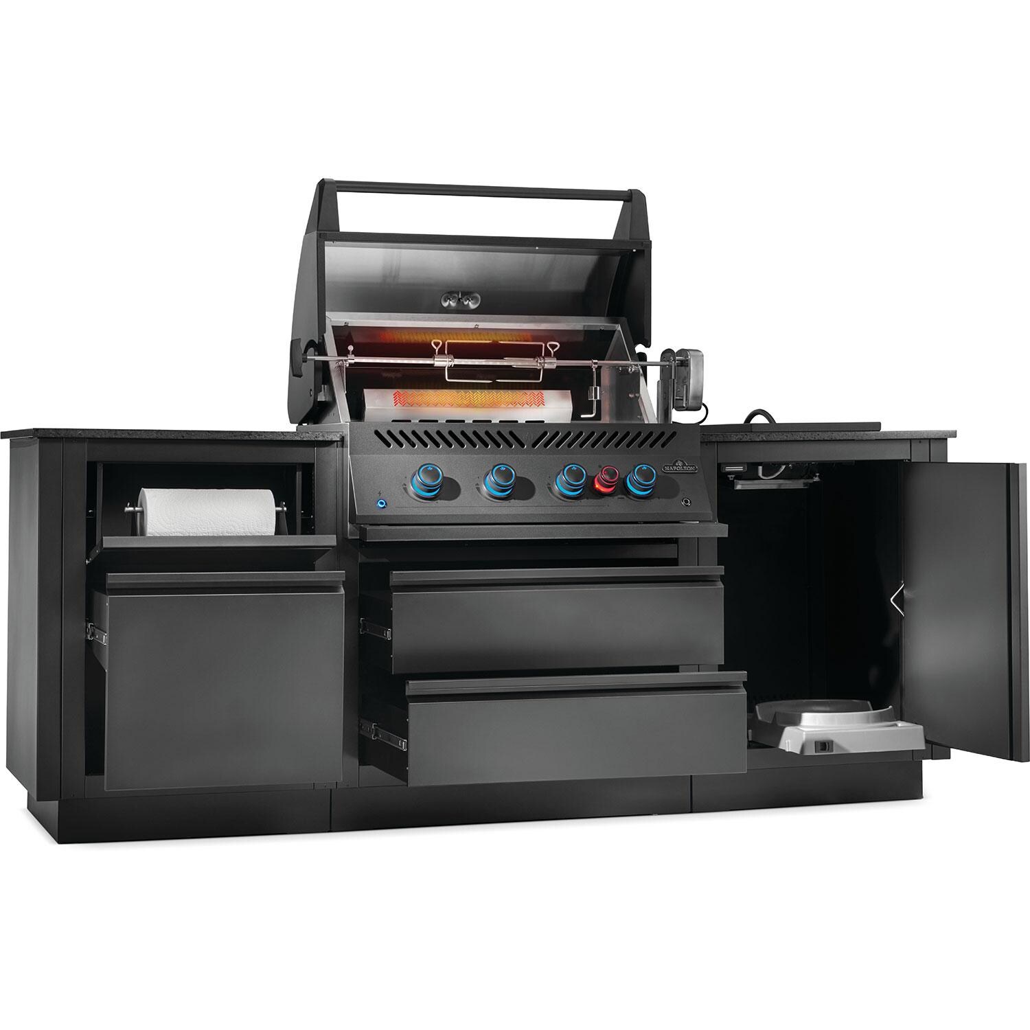 Napoleon ODK301-BIG32RBNMK-1 Oasis 301 Outdoor Kitchen Island w/ Side Burner & 700 Series 32-in Natural Gas Grill Head - Lid Up - White Background thumbnail