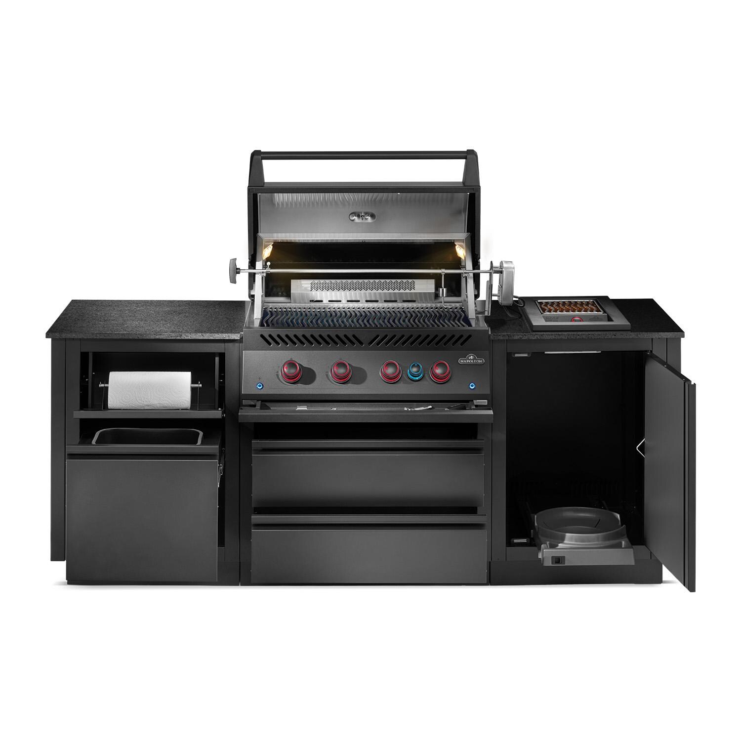 Napoleon ODK300-BIG32RBNMK-1 Oasis 300 7 1/2 Ft Outdoor Kitchen Island w/ Natural Gas Grill & Side Burner - Open Burners On - White Background thumbnail