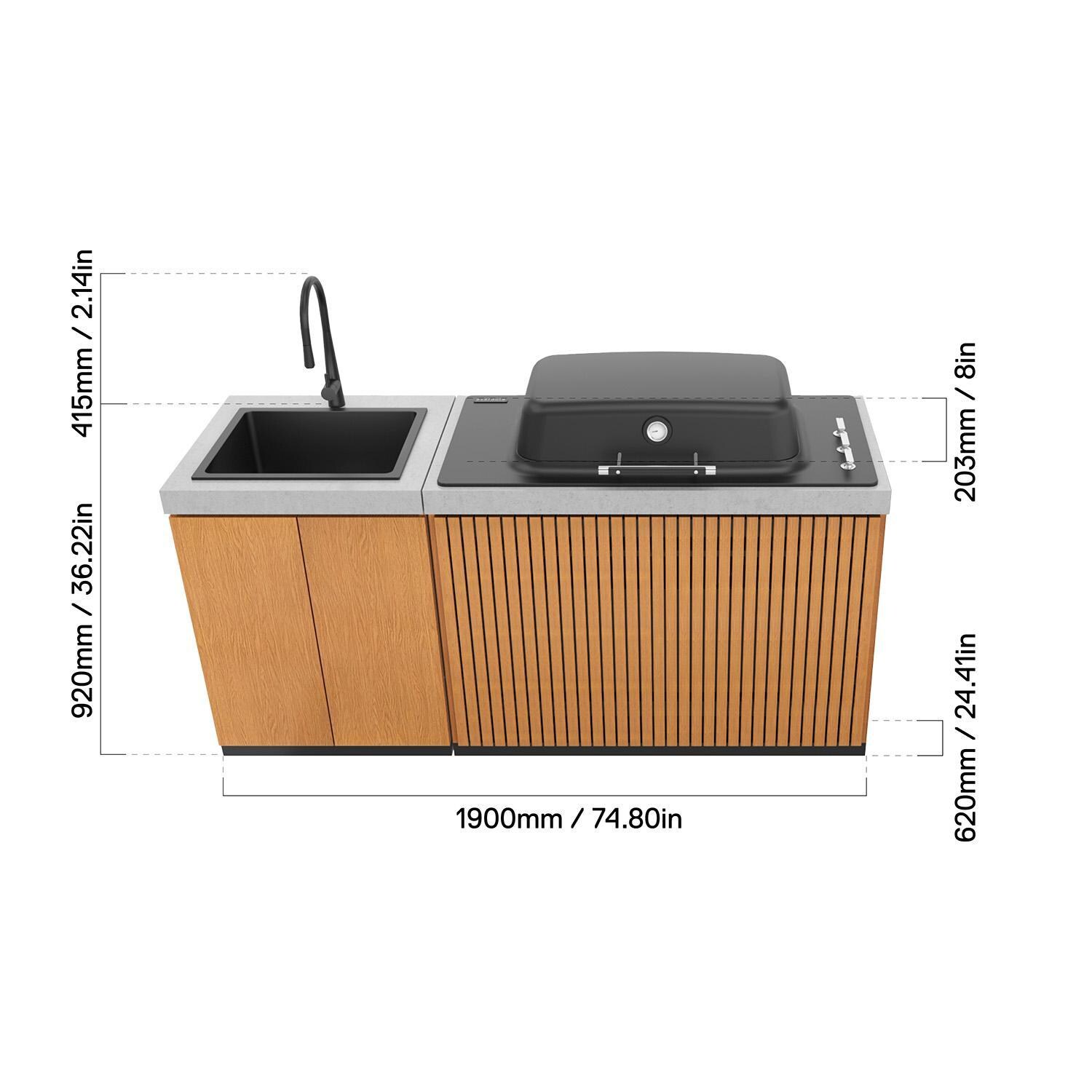 Everdure 6 Ft Outdoor Kitchen Island w/ Marine Grade Aluminum Cabinets in Timber Effect - Dimensions thumbnail