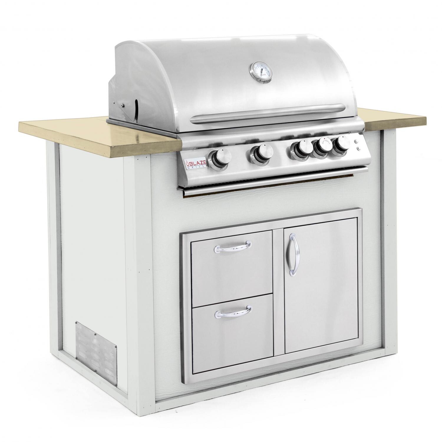 BBQGuys.com 4 Ft BBQ Island With Blaze 32-Inch Natural Gas Grill & Door/Drawer Combo - Gray/Buff - Angled View thumbnail