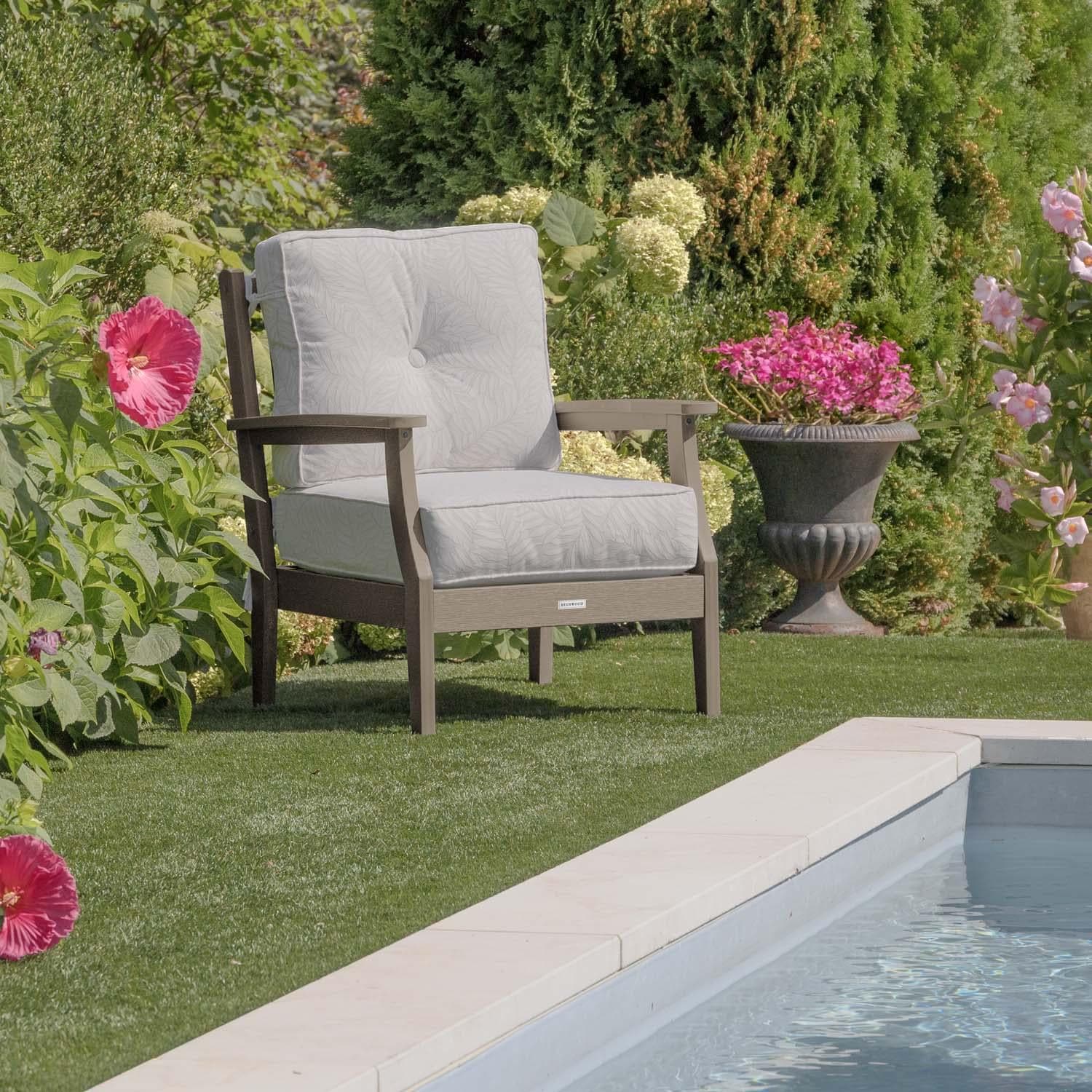 Blushing Bay Recycled Plastic Club Chair in Lively Parchment/Woodland Brown by Lakeview Outdoor Designs - In Garden - Lifestyle thumbnail