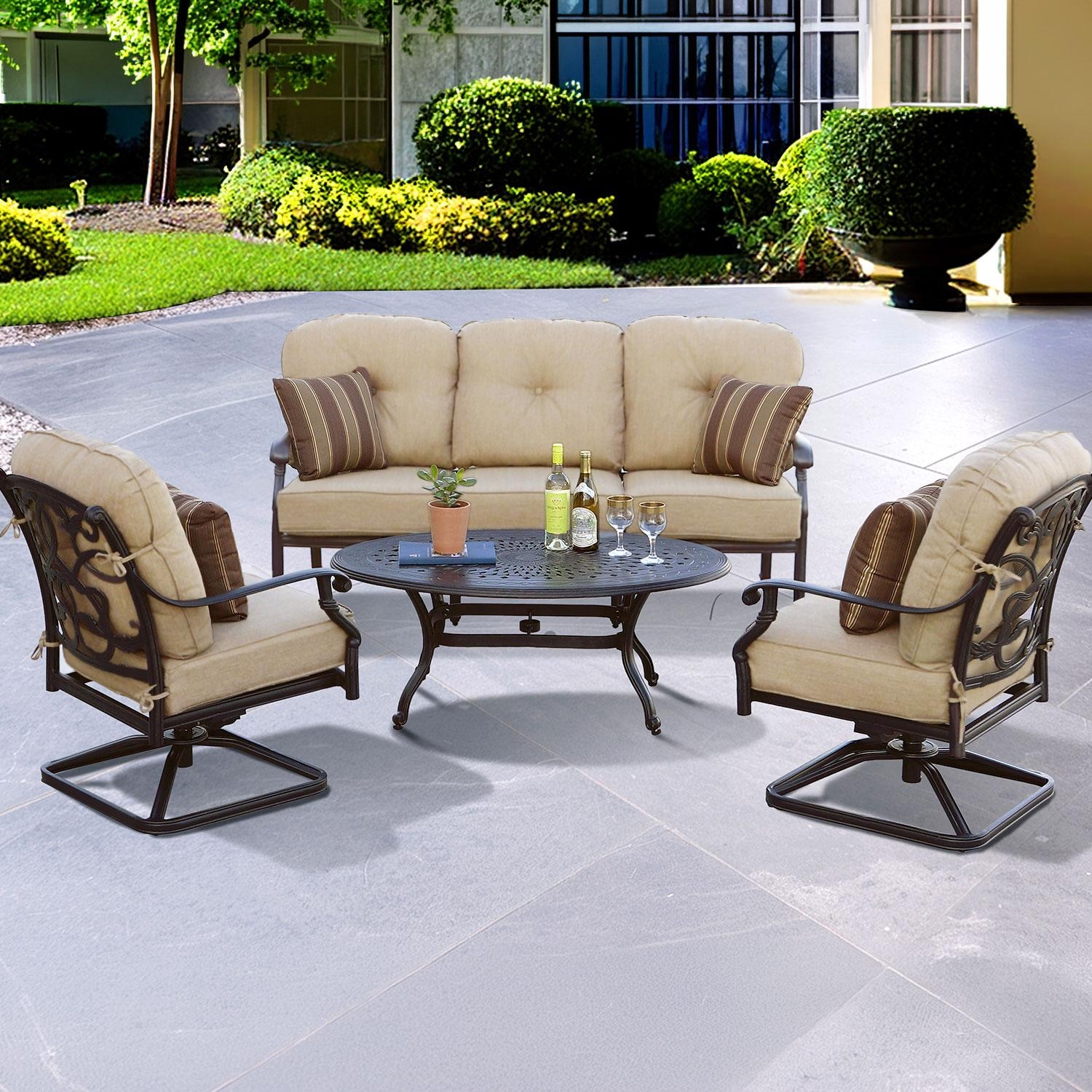 Darlee Santa Monica 4 Pc Cast Aluminum Seating Set w/ 46 X 31 Inch Oval Table w/ Swivel Rockers & Throw Pillows in Antique Bronze/Beige Canvas by