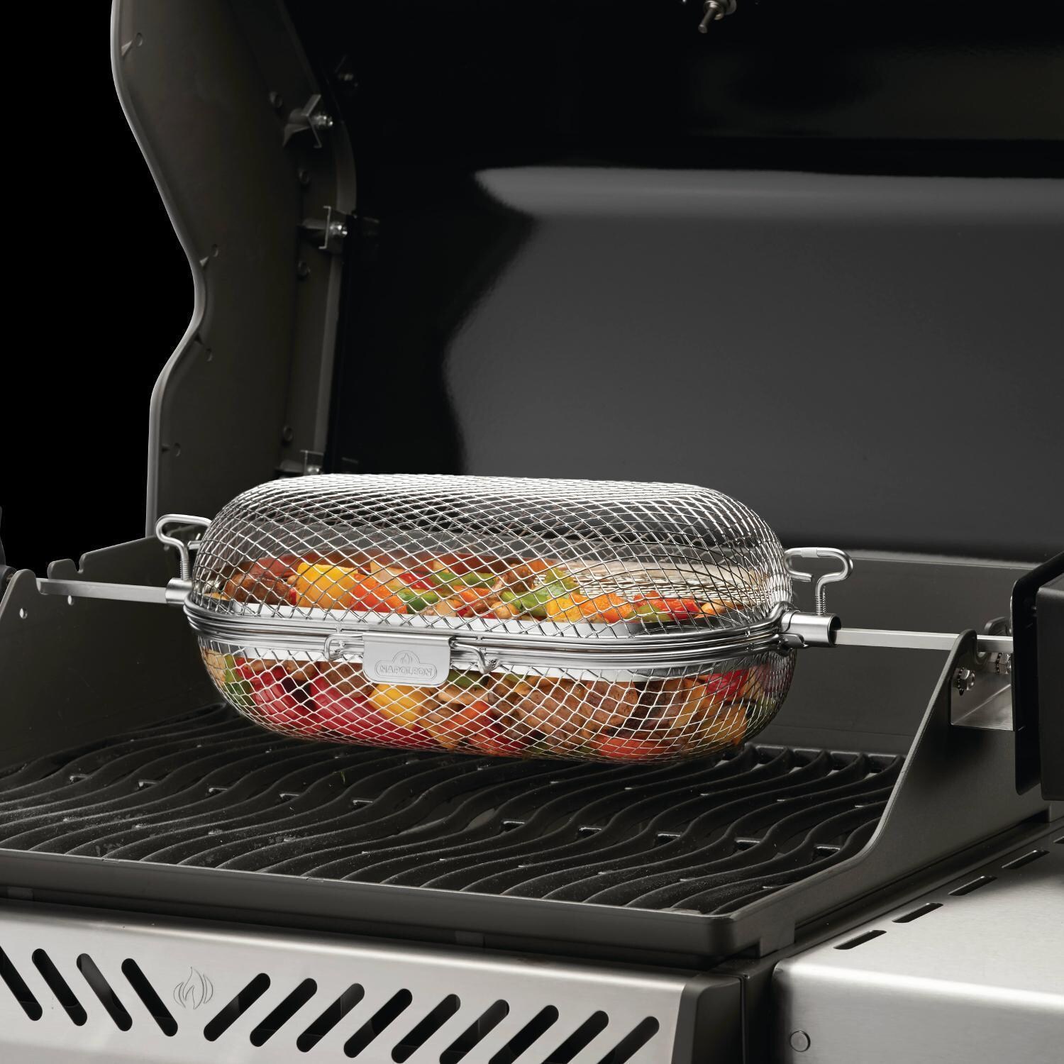 Napoleon Prestige 500 Propane Grill Bundle w/Cover, Charcoal Tray, Rotisserie Basket & Drip Trays - Rotisserie Grill Basket - In Use - Lifestyle
