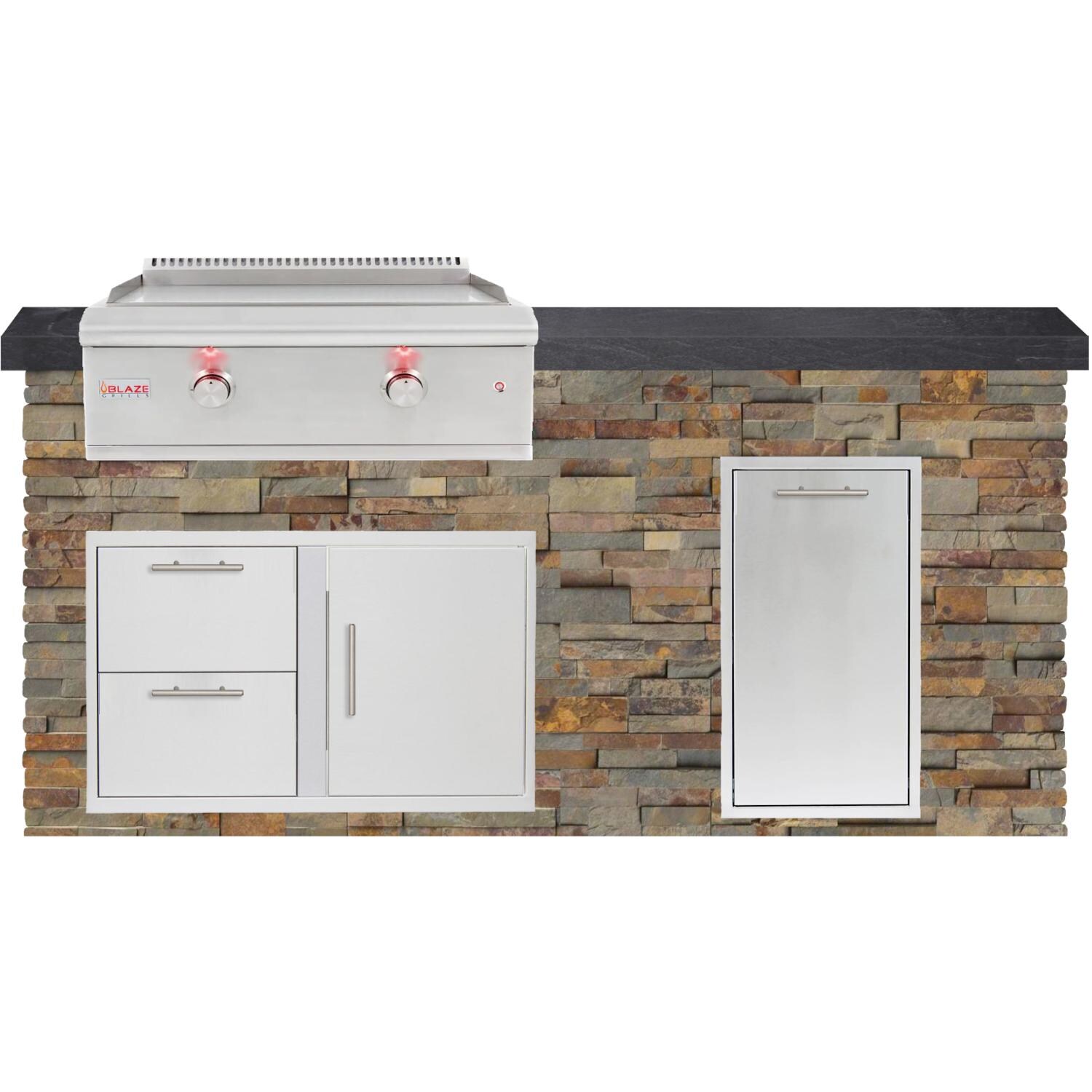 BBQGuys Signature 6ft Luxury Outdoor Island W/ Blaze Premium LTE 30-Inch Propane Griddle - Gold Rush Stone W/ Black Polished Granite