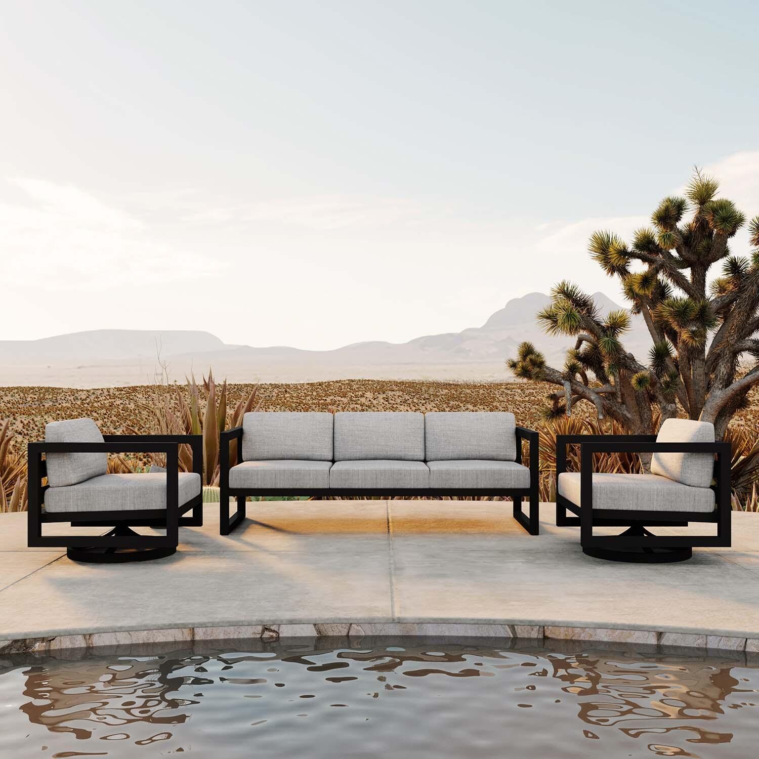 Misty Cove 3 Pc Aluminum Sofa Seating Set w/ Swivel Chairs in Black/Cast Silver by Lakeview Outdoor Designs - Lifestyle thumbnail