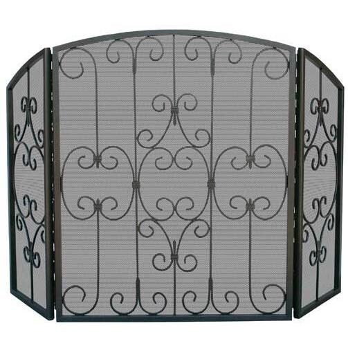 UniFlame 50 Inch Graphite Three Panel Fireplace Screen With Decorative Scrollwork