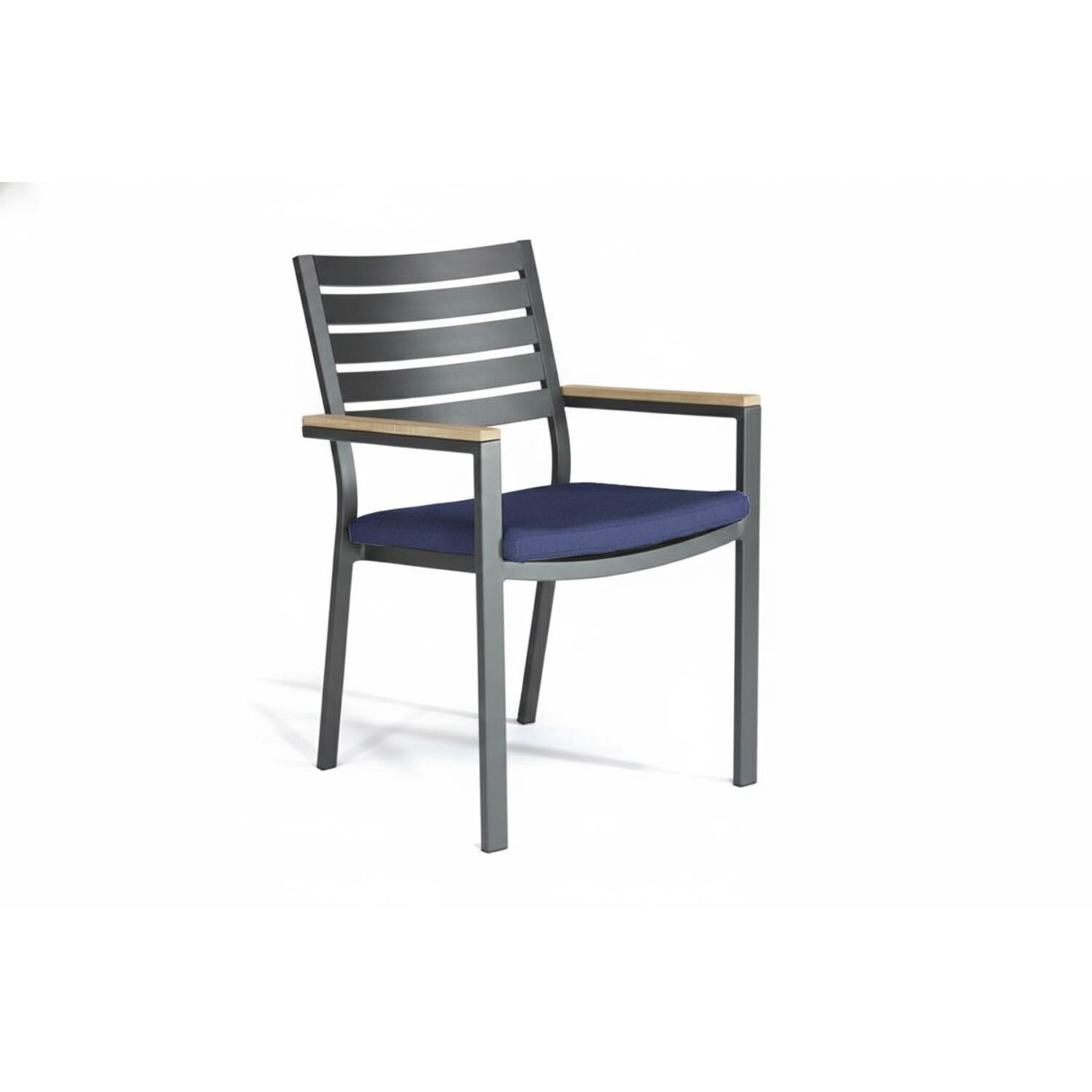 Elba 7 Pc Aluminum Dining Set w/ Teak Tabletop in Charcoal / Spectrum Indigo - Chair Angled - White Background thumbnail