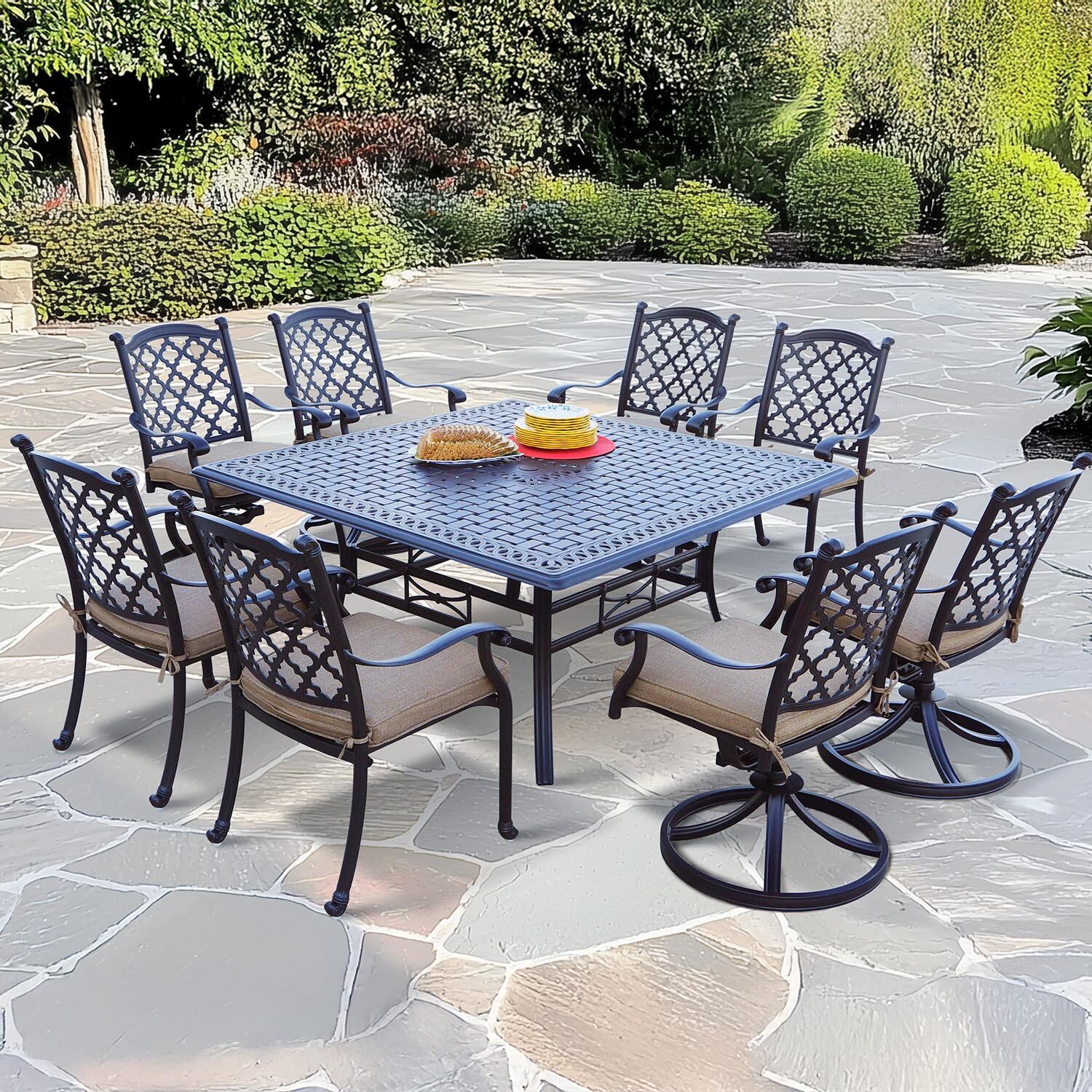 Madison 9 Pc Cast Aluminum Dining Set w/ 60 Inch Square Table & Stacking Chairs by Darlee