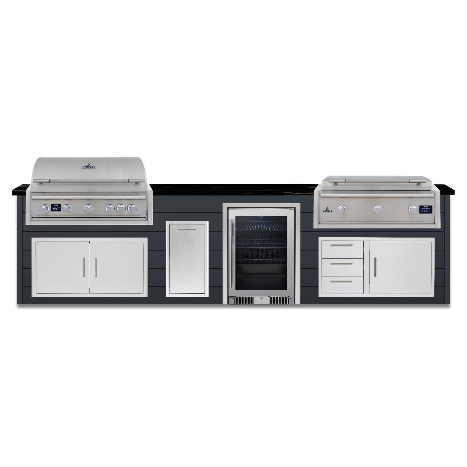 BBQGuys Signature 12 Ft Outdoor Kitchen Island w/ 40 Inch Propane Blaze LTE PRO Grill & Griddle, Beverage Center & Narrow Trash Bin | Asphalt Gray w/ Nero Mist Granite