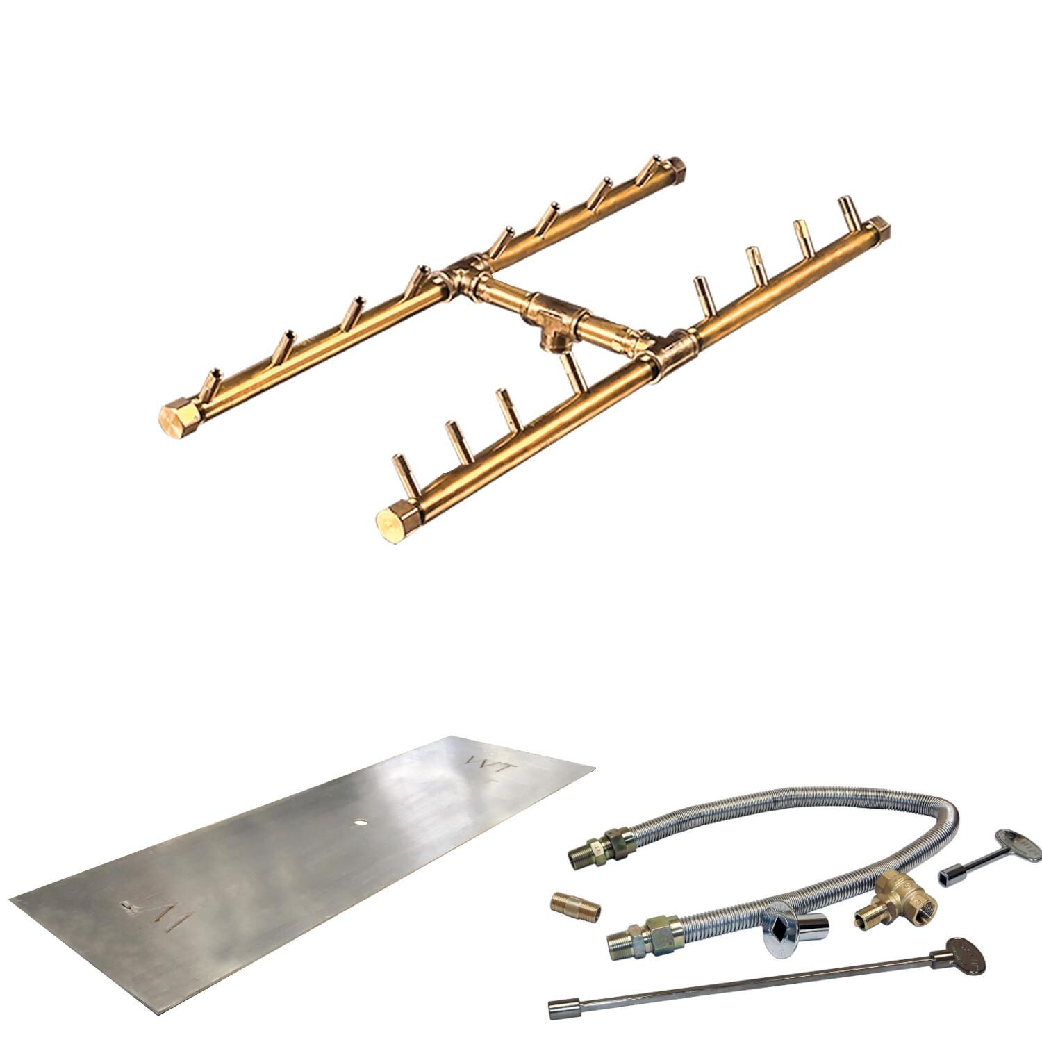Warming Trends 34 X 17-Inch Linear Propane Fire Pit Burner Kit W/ 24 X 9-Inch H-Style CROSSFIRE Brass Burner - Match Light Ignition - CFBH160LPALPL3417FK1