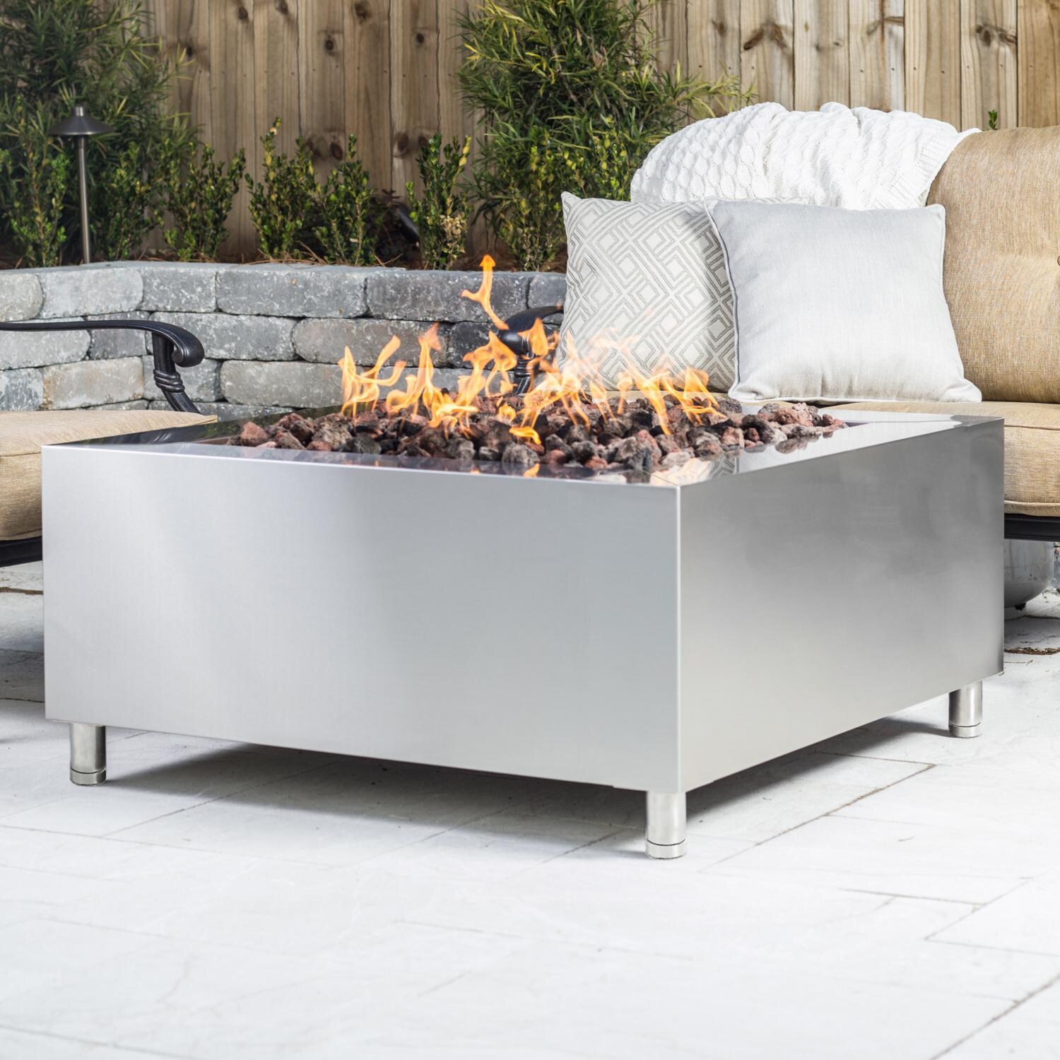 BBQGuys Signature Series 42-Inch Stainless Steel Square Fire Pit - Natural Gas - Shown with Red Lava Rock thumbnail