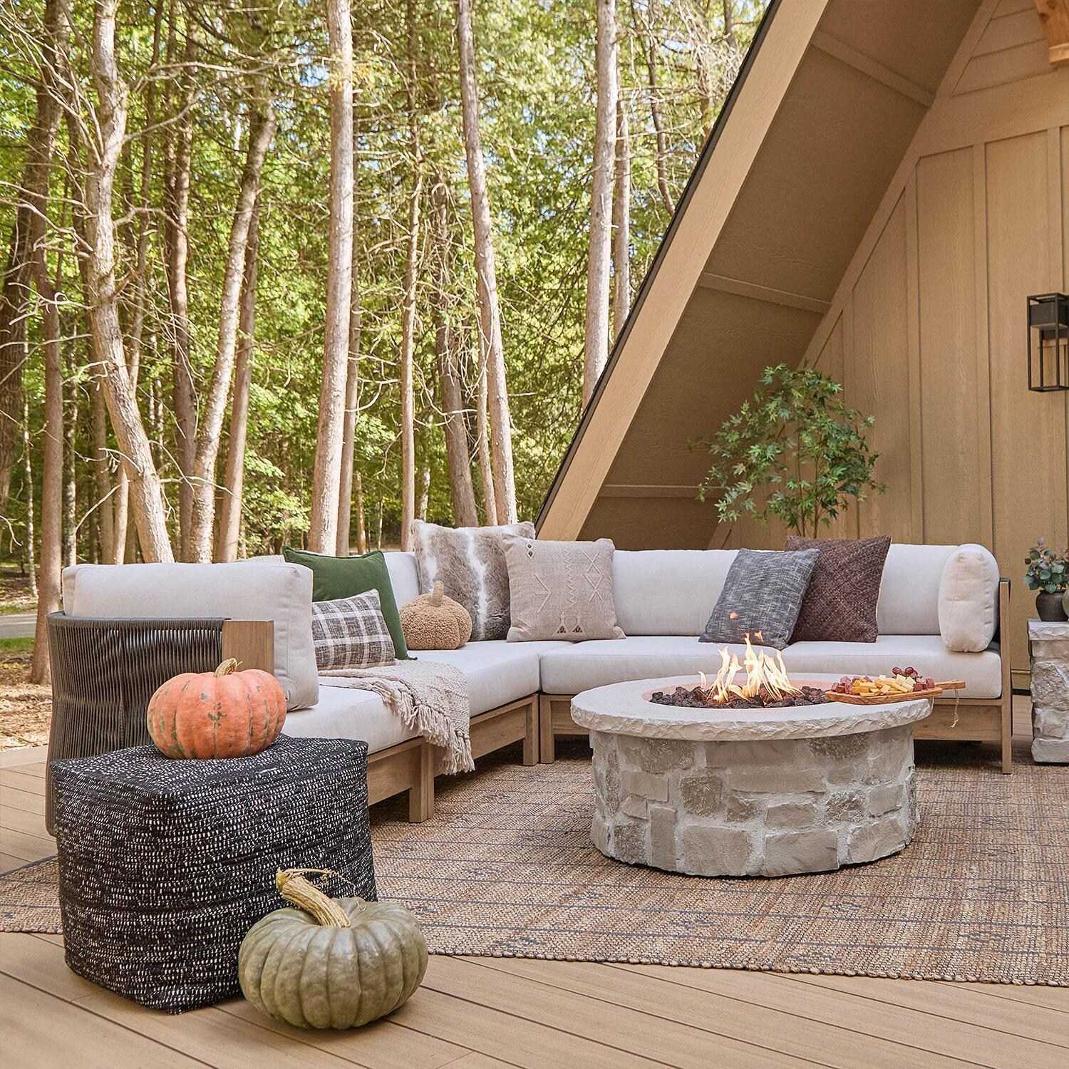 Heritage Outdoor 5 Pc Modular Sectional Sofa in Beechwood W/ Sunbrella Cushions by Lakeview Outdoor Designs - Back Patio - W/ Fire Pit (Sold Separately) - Left Side View - Lifestyle thumbnail