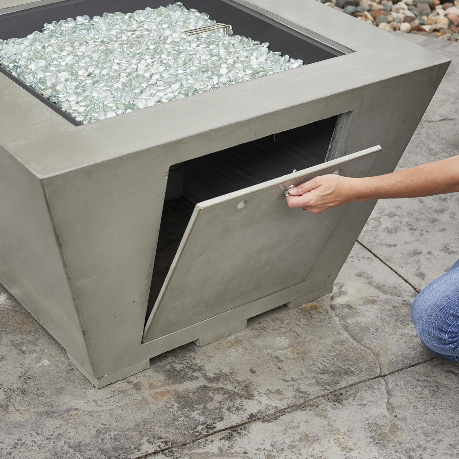 Cove 37 Inch Square GFRC Propane Fire Bowl w/ Electronic Ignition in Natural Gray by The Outdoor GreatRoom Company - Access Door Provides Convenient Storage For Propane Tanks - Detail thumbnail