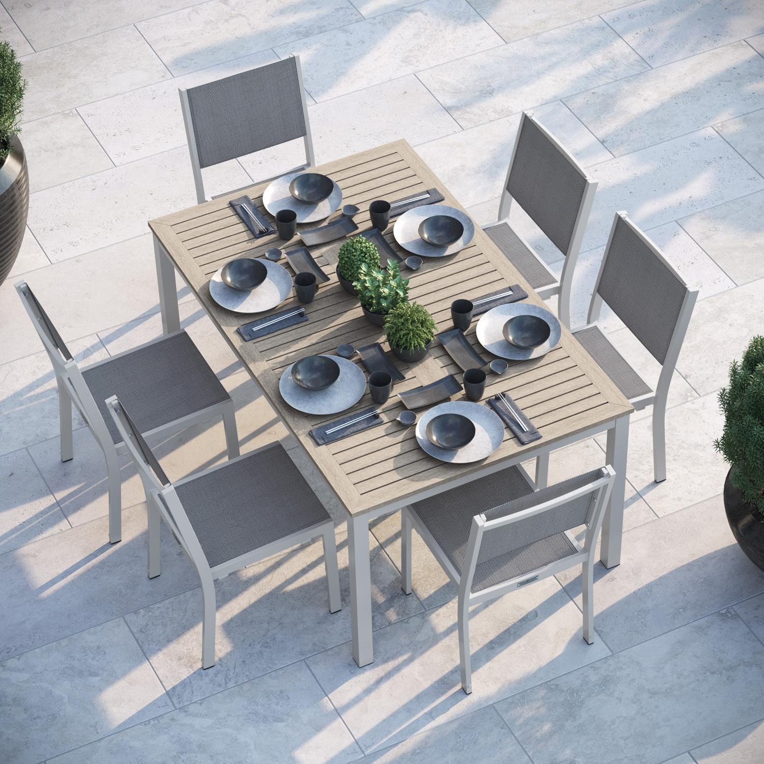 Travira 7 Pc Composite Sling & Aluminum Dining Set W/ Vintage Tekwood in Flint/Titanium By Oxford Garden