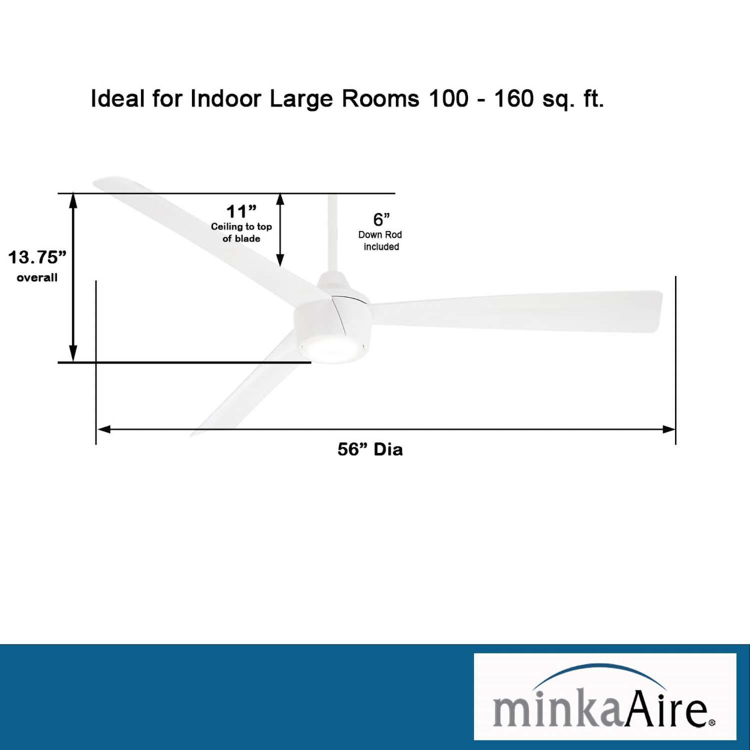 Minka-Aire F626L-WHF Skinnie 56-Inch 3-Blade LED Ceiling Fan in Flat White Finish w/ Flat White Blades & Etched Lens - Dimensions thumbnail
