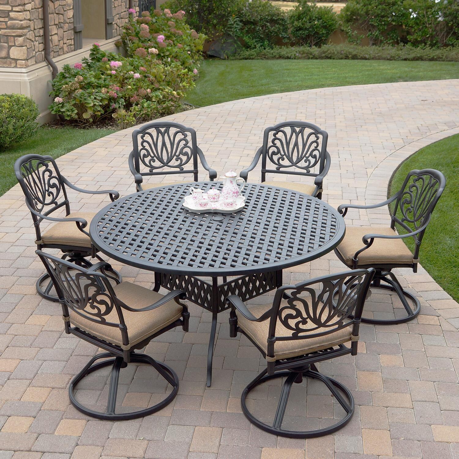 Elisabeth 7 Pc Cast Aluminum Dining Set w/ 60 Inch Series 30 Table & Swivel Rockers in Antique Bronze/Sesame by Darlee