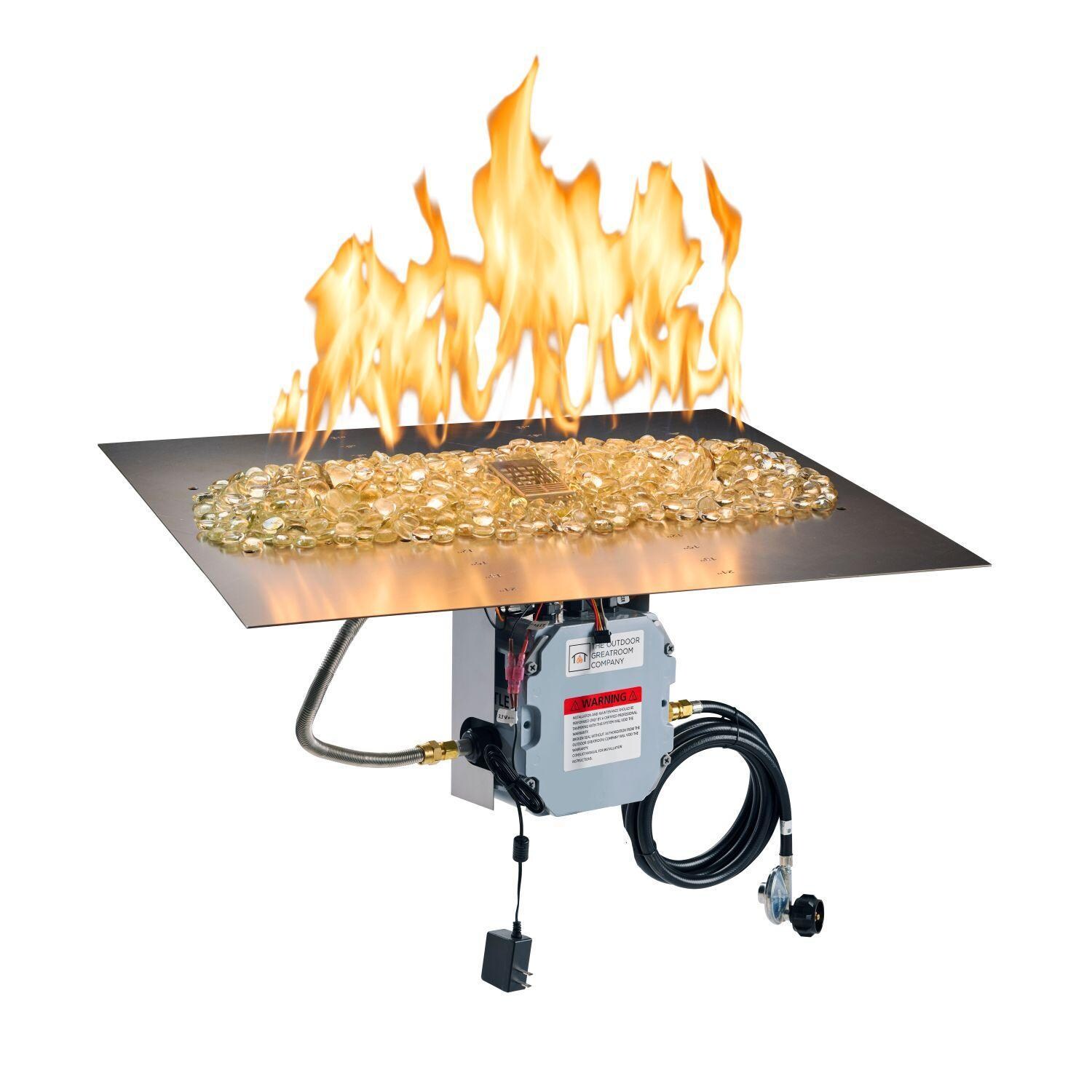 The Outdoor GreatRoom Company BP2424DSILP-B Crystal Fire Plus 24-in Linear Electronic Ignition Propane Gas Fire Pit Burner Plate - Fire On - White Background thumbnail