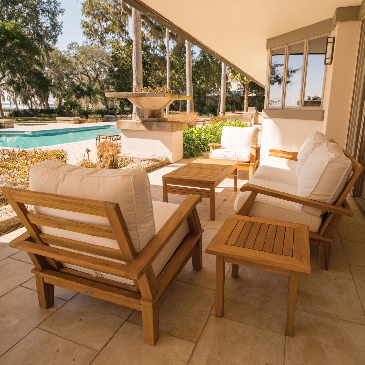Royal Teak Collection 6 Piece Miami Teak Patio Conversation Set W/ Rectangular Coffee Table, Side Tables and Sunbrella Canvas Natural Cushions thumbnail