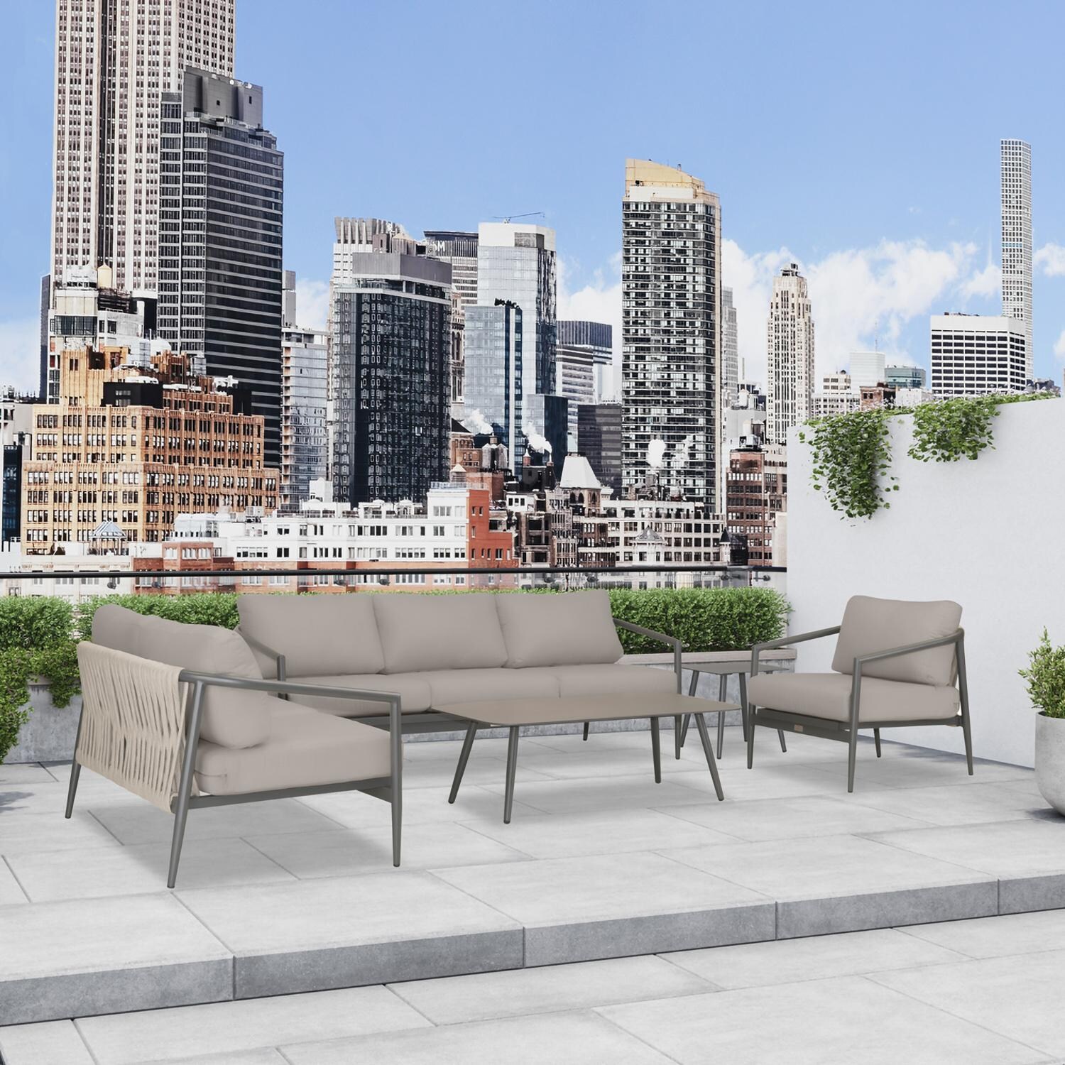 Lakeview Midnight Cove 5 Pc Aluminum Sofa Seating Set in Slate/Pebble Gray/Canvas Charcoal - Detail - Lifestyle thumbnail