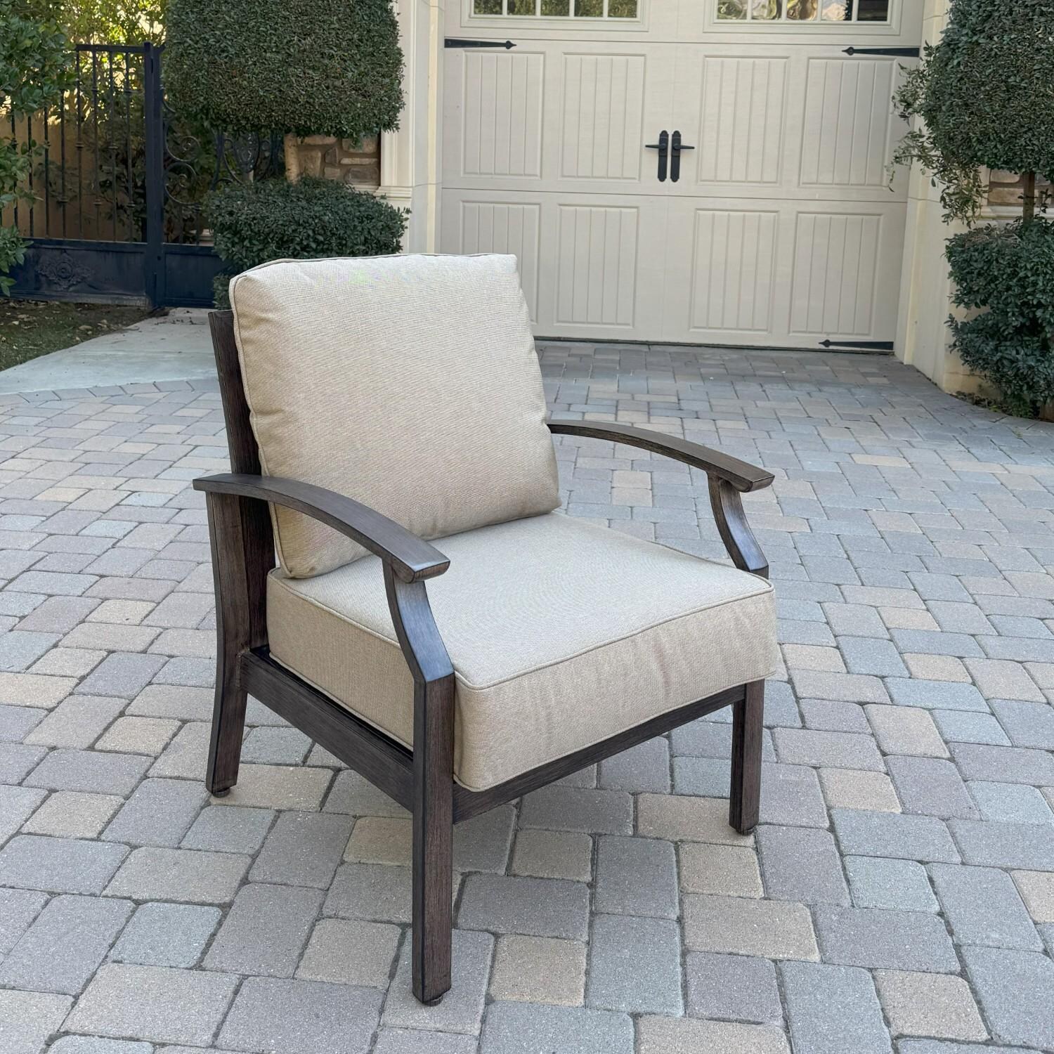 Atlantis 6 Pc Aluminum Seating Set w/ Sofa, 2 Swivel Rocker Club Chairs, 2 Ottomans & Ice Bucket in Walnut/Beige by Darlee - Chair - Lifestyle thumbnail