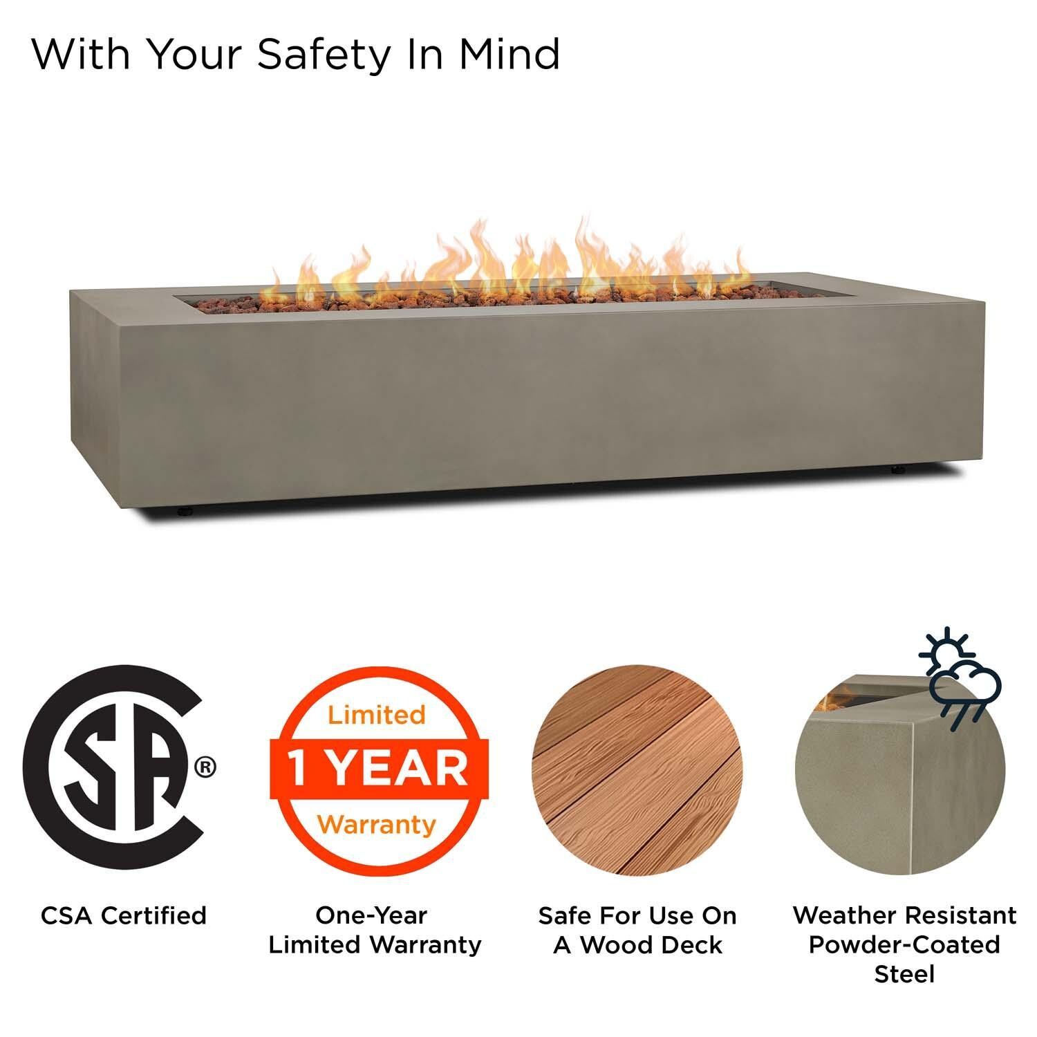 Elysian 70 Inch Rectangular Powder Coated Steel Propane Fire Pit Table in Mist Gray by Lakeview Outdoor Designs - Safety thumbnail
