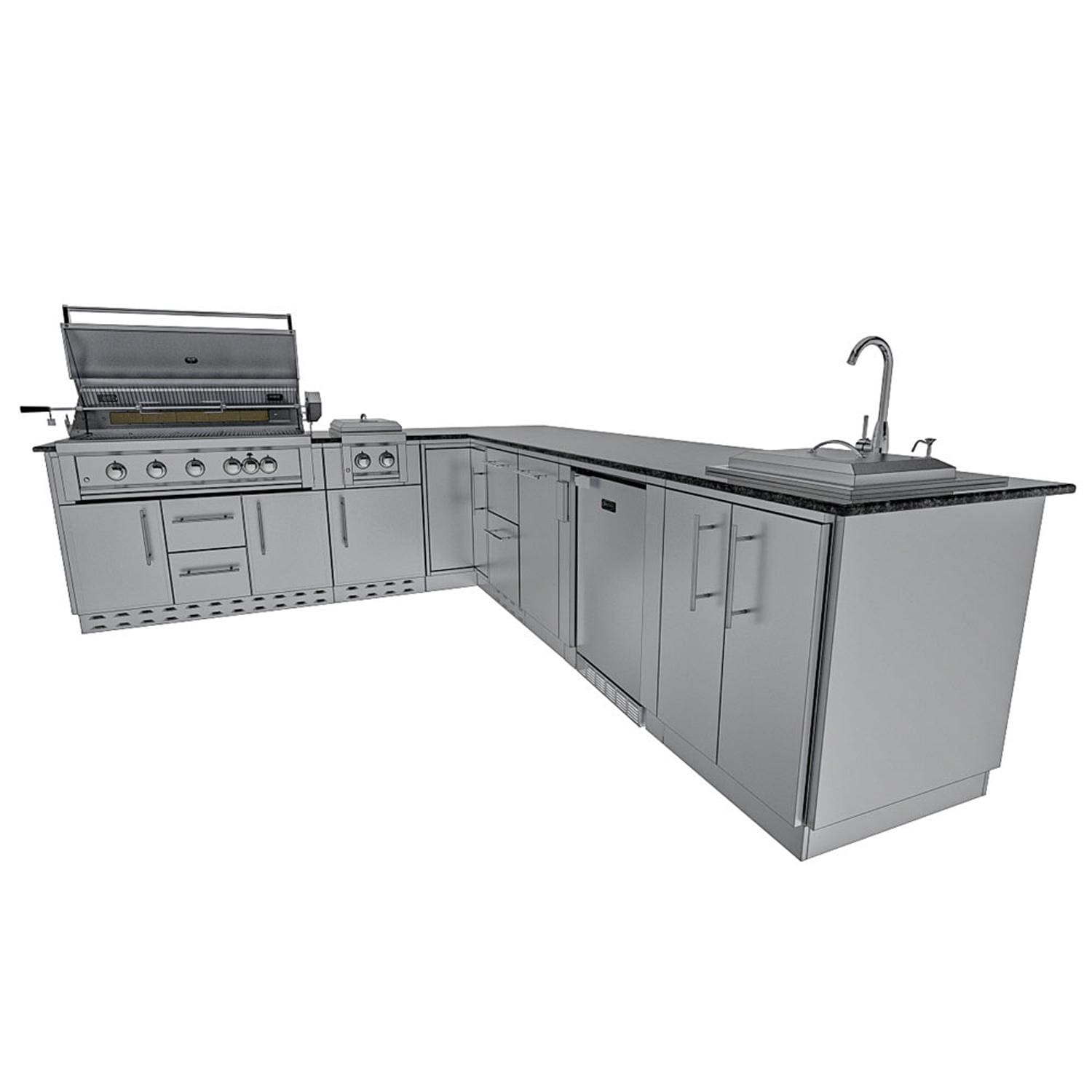 Sunstone Grills Rancher 11 Ft Outdoor Kitchen Island w/ Propane Grill & Side Burner, Sink, Refrigerator, Trash Bin, Door & Drawer
