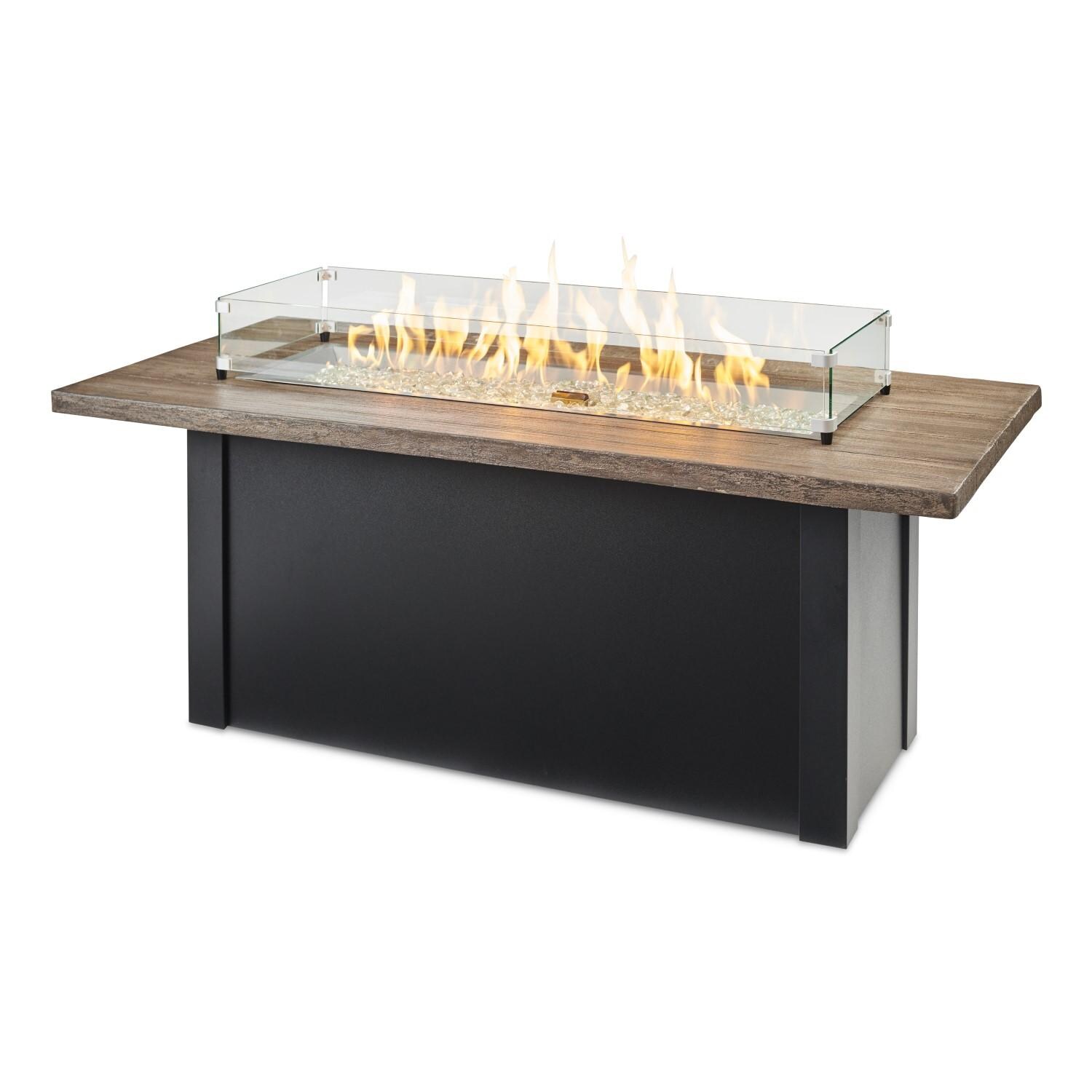 Havenwood 62 Inch Natural Gas Fire Pit Table W/ Driftwood Top & Black Base - Flames W/ Glass - White Background thumbnail