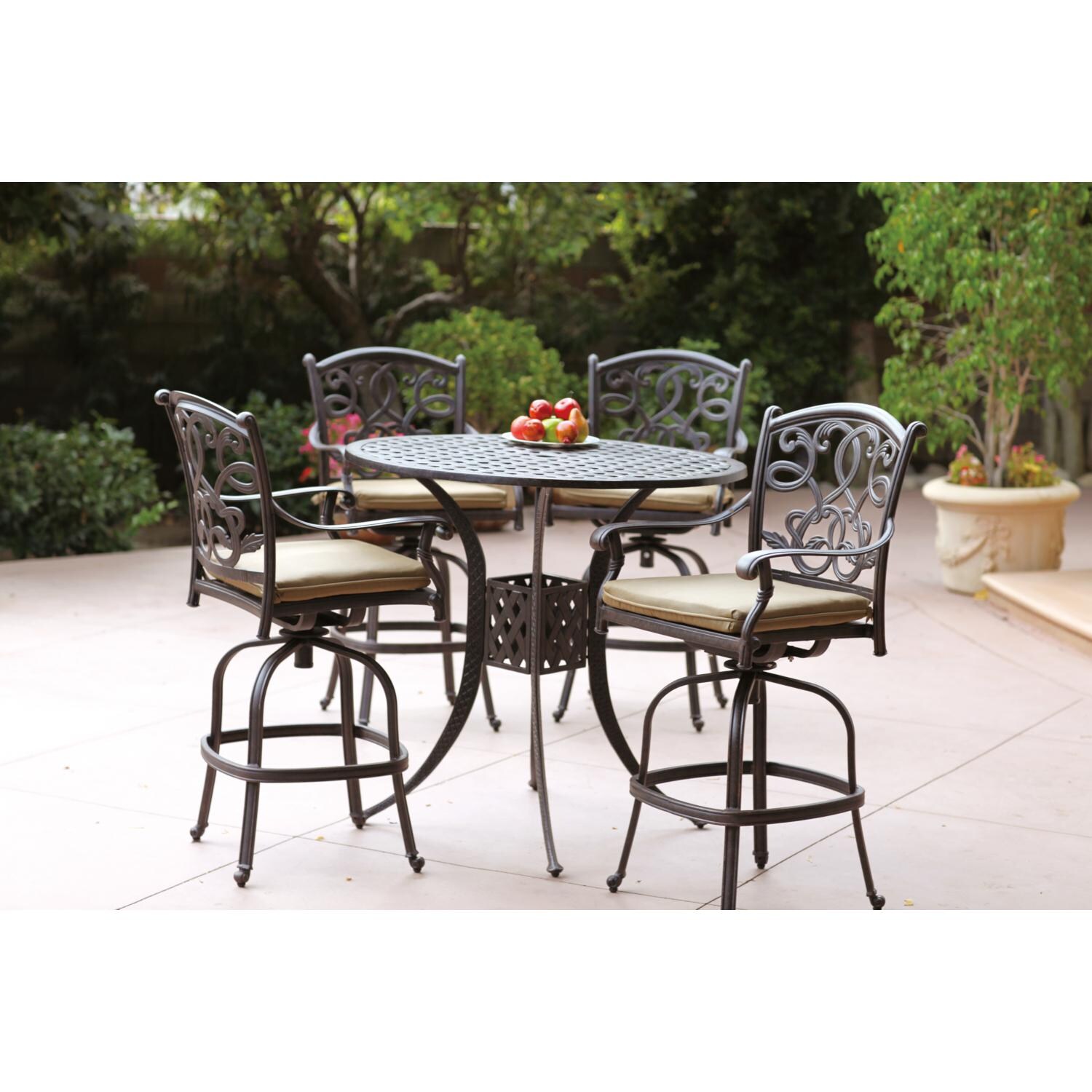 Darlee DL2052-5PC-30F Santa Monica 5 Piece Cast Aluminum Patio Bar Set W/ 42 Inch Round Table & Sesame Cushions - Lifestyle thumbnail