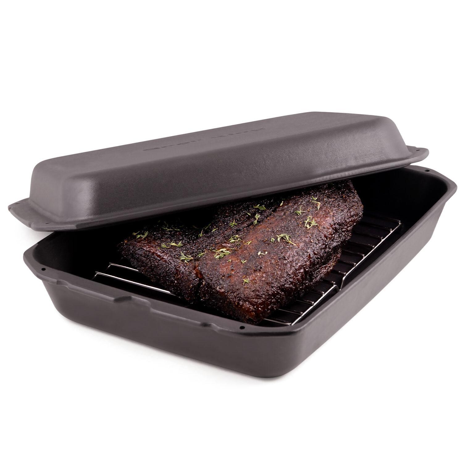 Broil King 69610 Cast Iron Multi Roaster - Lid Halfway On - White Background thumbnail