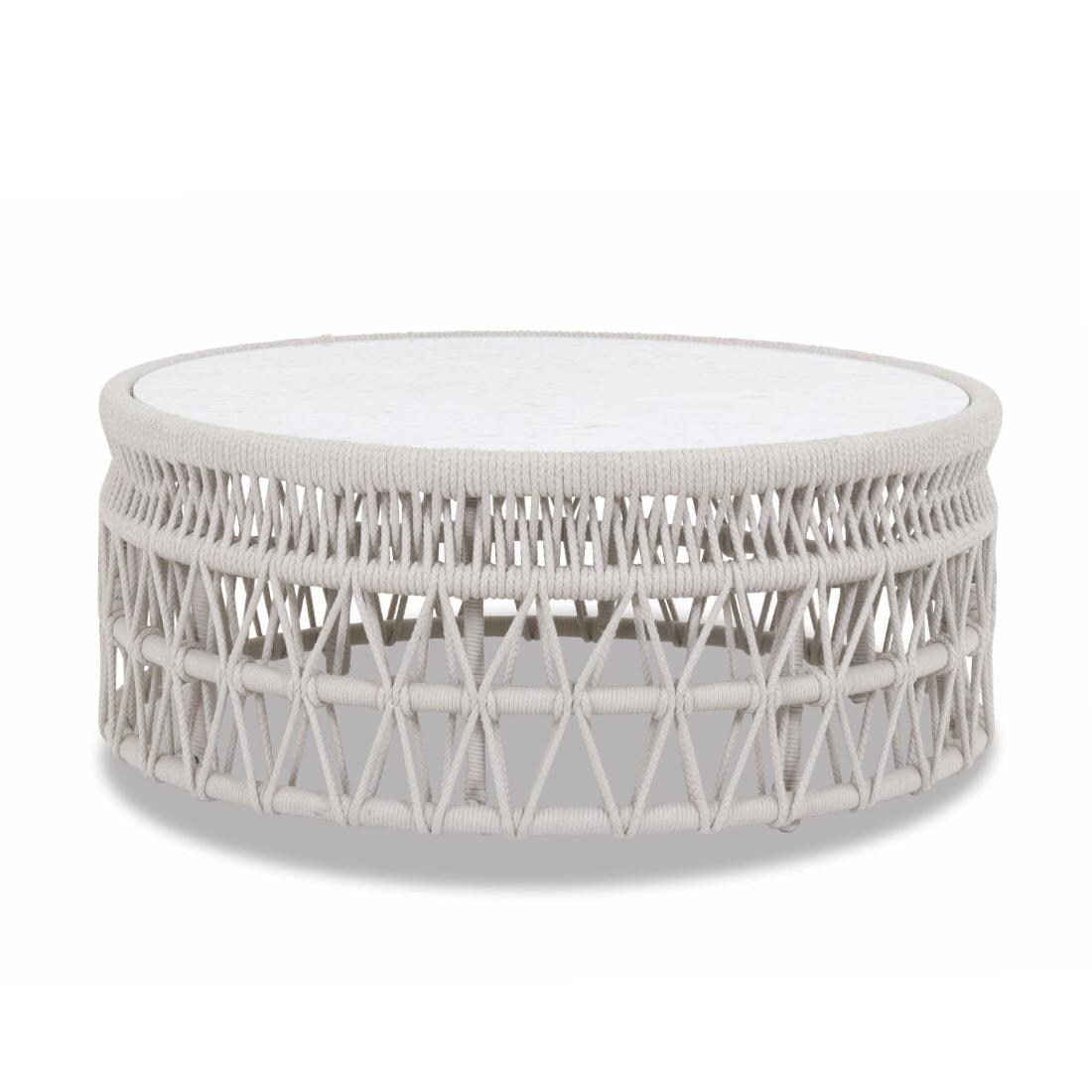 Dana 41 Inch Round Woven Rope Coffee Table in Natural Linen by Sunset West