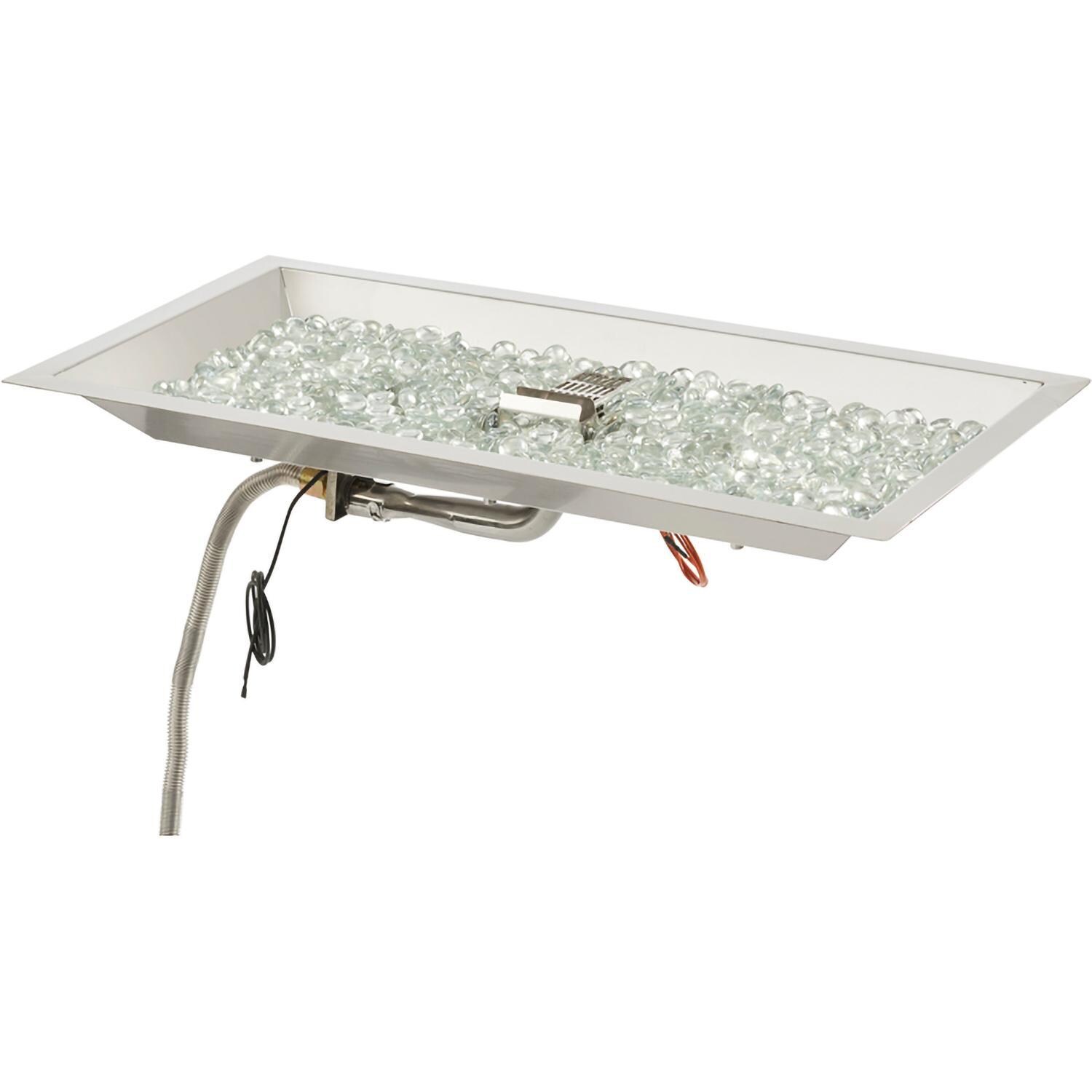 The Outdoor GreatRoom Company CFP1224DSILP-B Crystal Fire Plus 24 Inch Drop-In Rectangle 55,000 BTU Propane Fire Pit Burner Kit w/ Direct Spark Ignition - Stainless Steel - Kit w/ Glass - White Background thumbnail