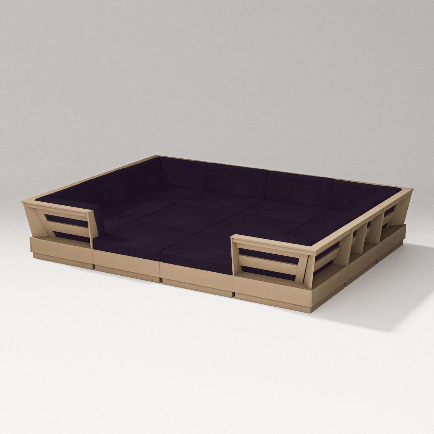 Elevate 12 Pc Recycled Plastic Pit Sectional Seating Set in Vintage Sahara/Navy Linen By PW Designer Series