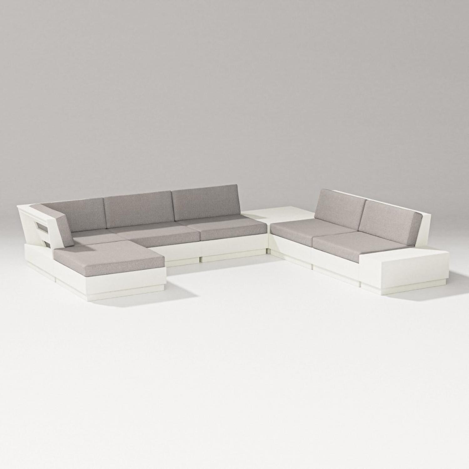 Elevate 8 Pc Recycled Plastic Sectional Seating Set in Vintage White/Weathered Tweed By PW Designer Series