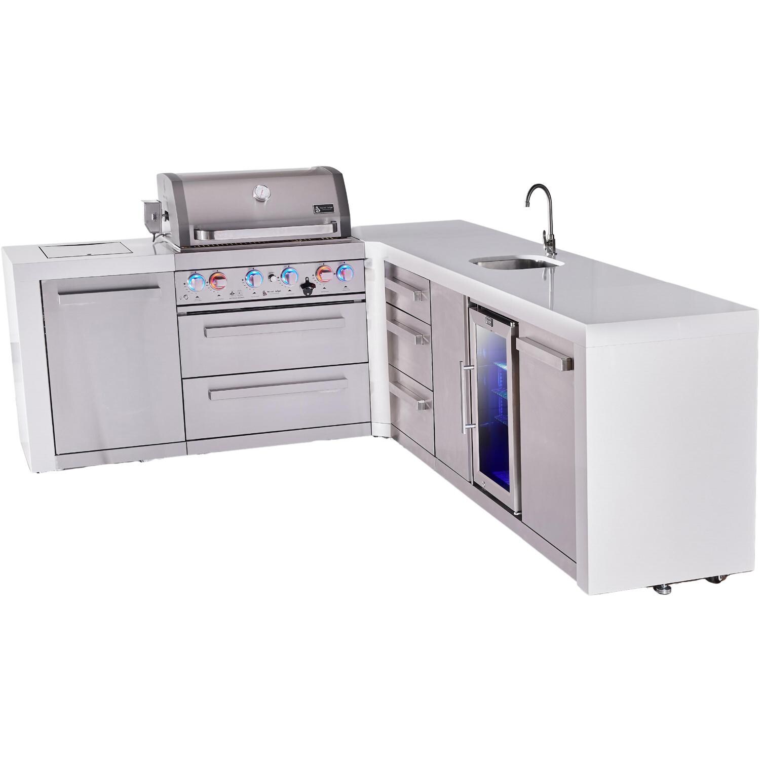 Mont Alpi Deluxe Series 9 1/2 Ft L-Shaped Natural Gas Outdoor Kitchen Island w/ 32-in Grill, Side Burner, Beverage Center & Triple Drawer (Ships Propane w/ Conversion Kit) - Angled Right - White Background thumbnail