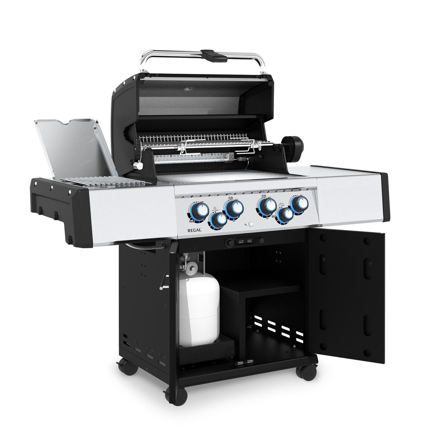 Broil King 956947 Regal S 490 PRO IR 4-Burner Natural Gas Grill With Rotisserie & Infrared Side Burner - Stainless Steel - Cabinet Open - White Background thumbnail