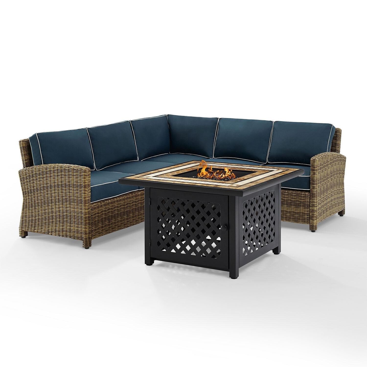 Ultimate Patio UP-92390-NV 4Pc Wicker Outdoor Sectional Set W/ Fire Table in Navy - Front View - White Background thumbnail