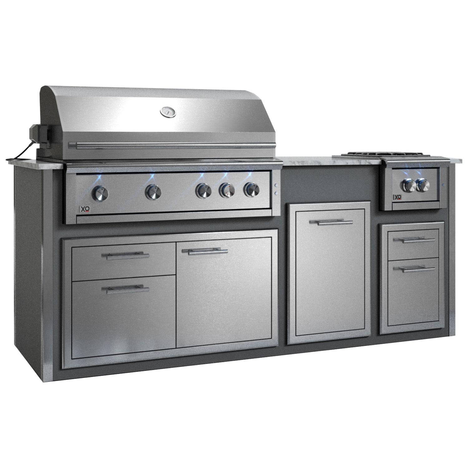 XO Designer 7 1/2 Ft Outdoor Kitchen Island w/ 42-in Natural Gas Pro-Grade Grill, Power Burner, Door & Drawer, Trash Drawer, & Double Drawer in Gray
