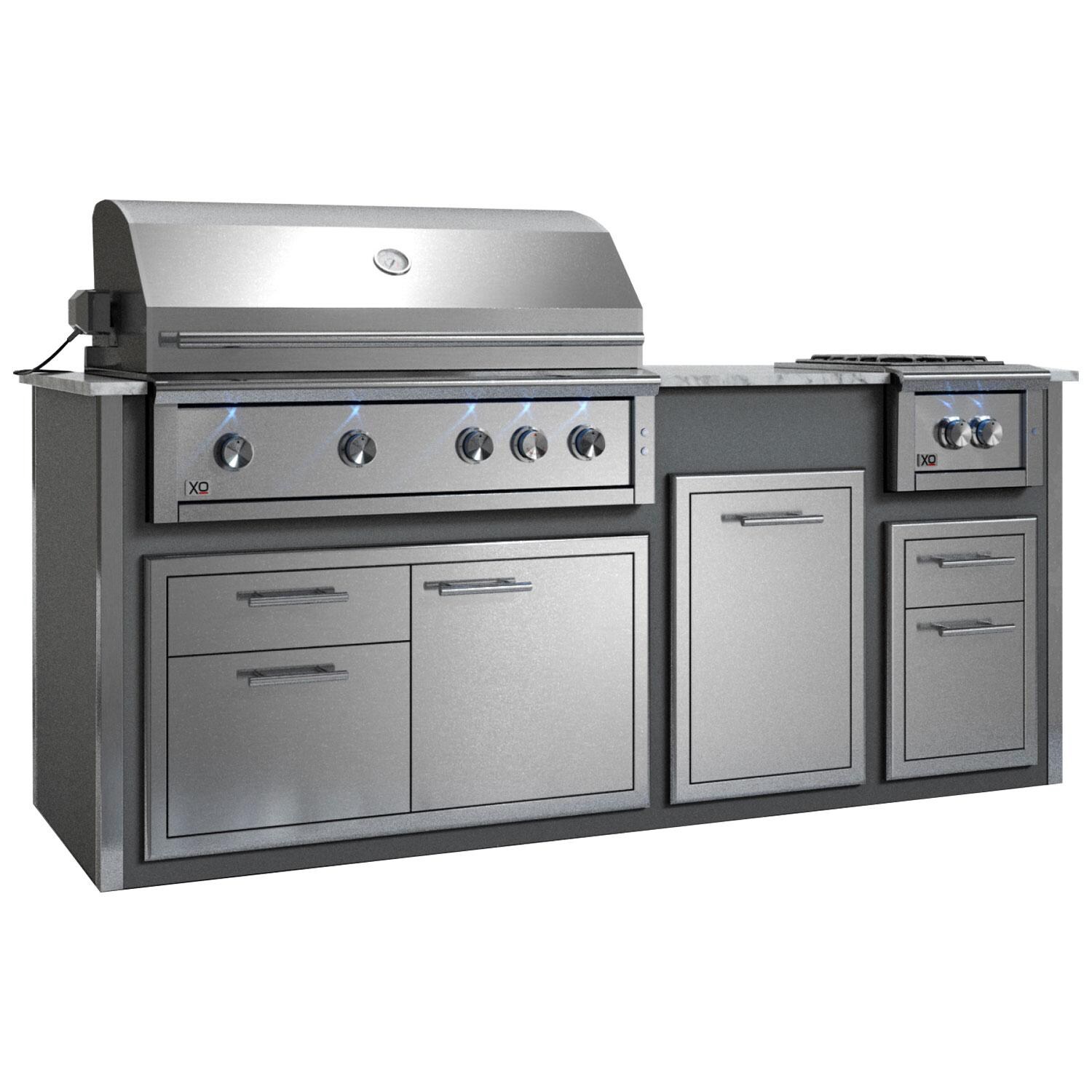 XO Designer 7 1/2 Ft Outdoor Kitchen Island w/ 42-in Natural Gas Pro-Grade Grill, Power Burner, Door & Drawer, Trash Drawer, & Double Drawer in Gray