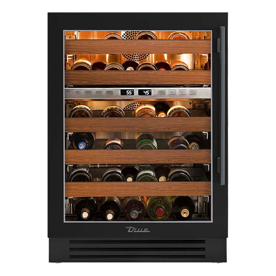 True 24 Inch 45 Bottle Left Hinge Glass Door Outdoor Dual Zone Wine Cabinet - Matte Black w/ Pewter Handle - TWC-24DZ-L-OG-C~DSK-027-H05