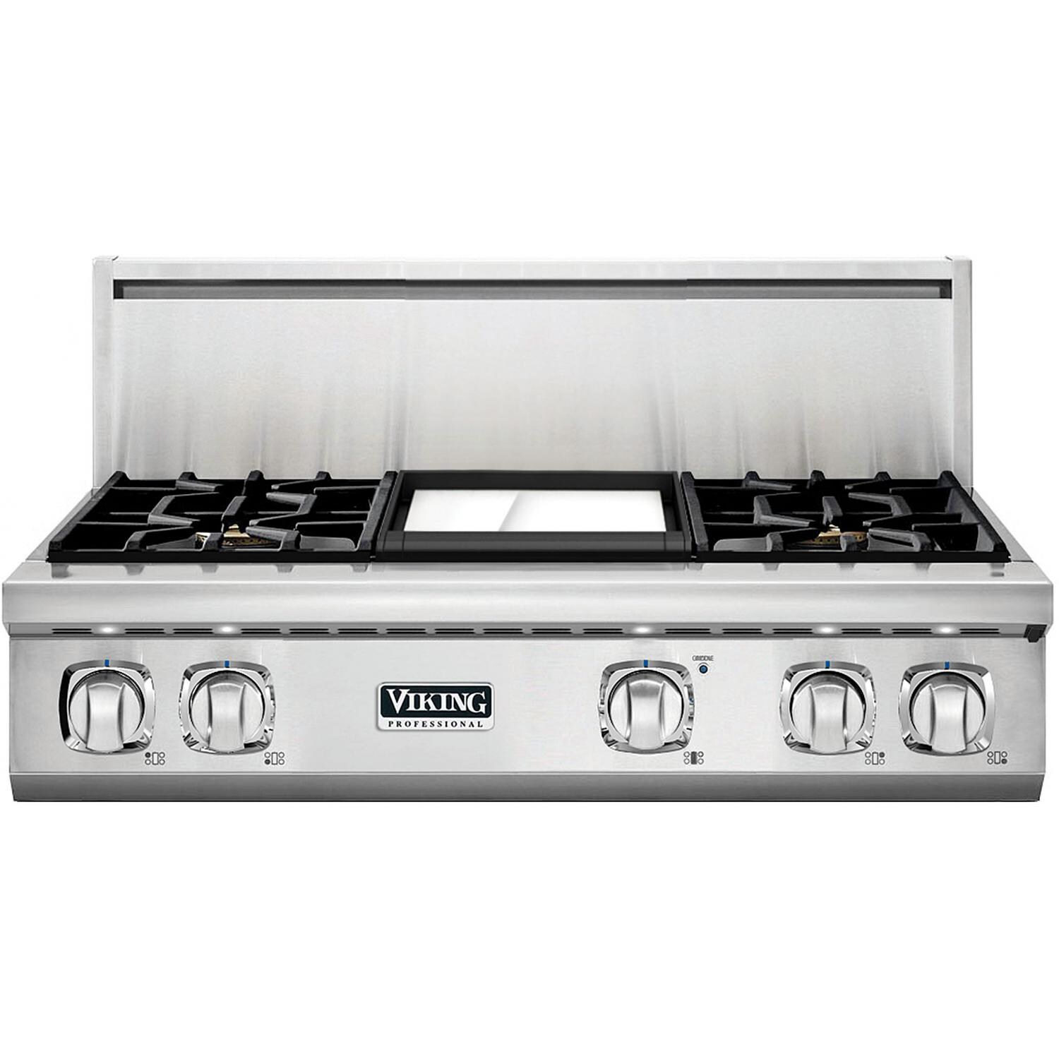 Viking Professional 7 Series 36-Inch 4-Burner Propane Gas Cooktop With Griddle - Stainless Steel - VGRT7364GSSLP - With Backguard thumbnail