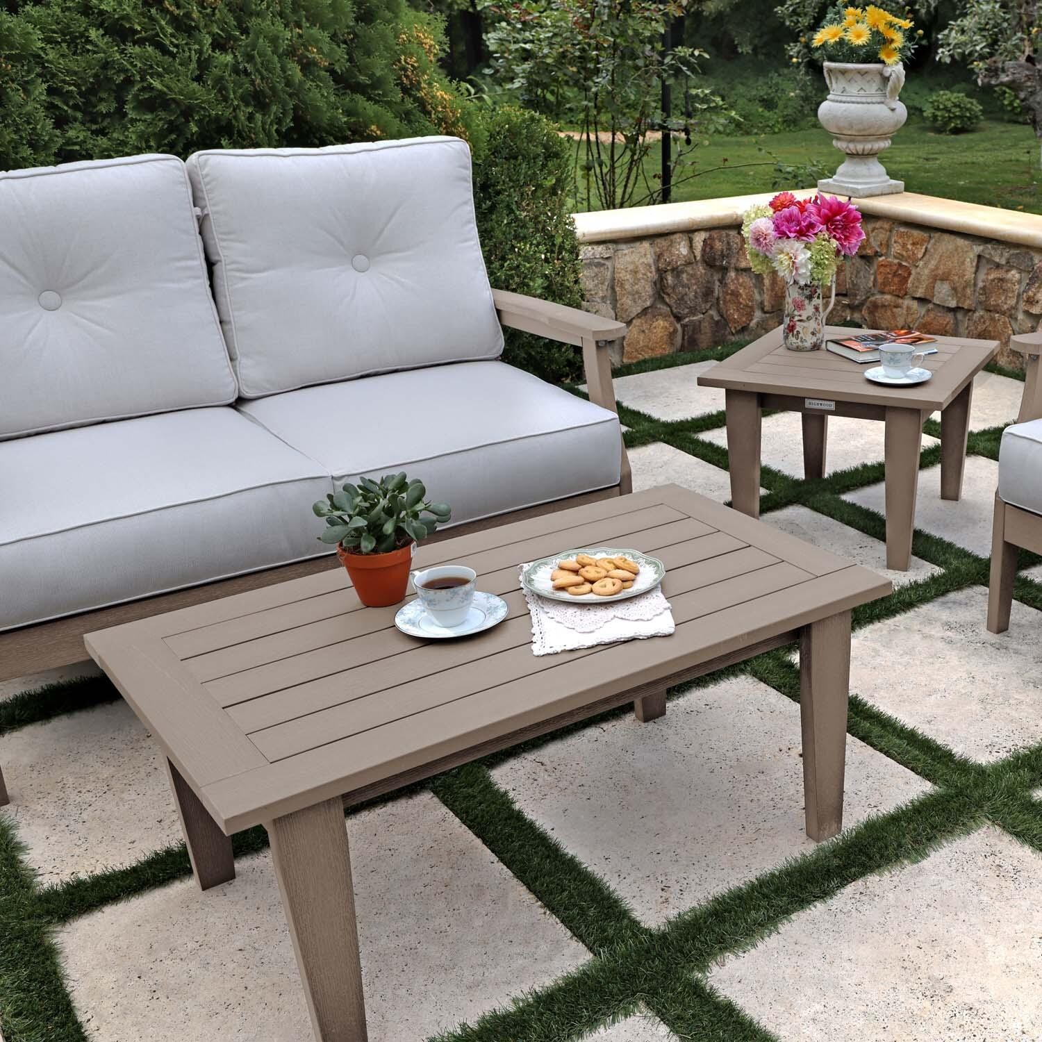 Blushing Bay 4 Pc Recycled Plastic Seating Set in Bliss Linen/Woodland Brown by Lakeview Outdoor Designs - Close Up - Lifestyle thumbnail