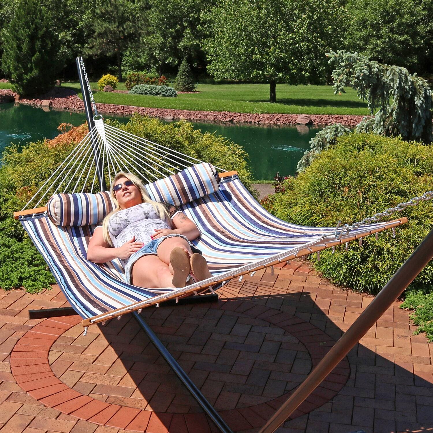Ultimate Patio Quilted Double Hammock w/ Pillow - Ocean Isle - Lounging Poolside - Lifestyle thumbnail