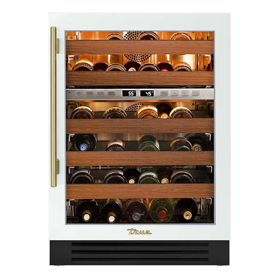 True TWC-24DZ-R-OG-C~DSK-030-H01 24 Inch 45 Bottle Right Hinge Glass Door Outdoor Dual Zone Wine Cabinet - Matte White w/ Brass Handle - White Background thumbnail