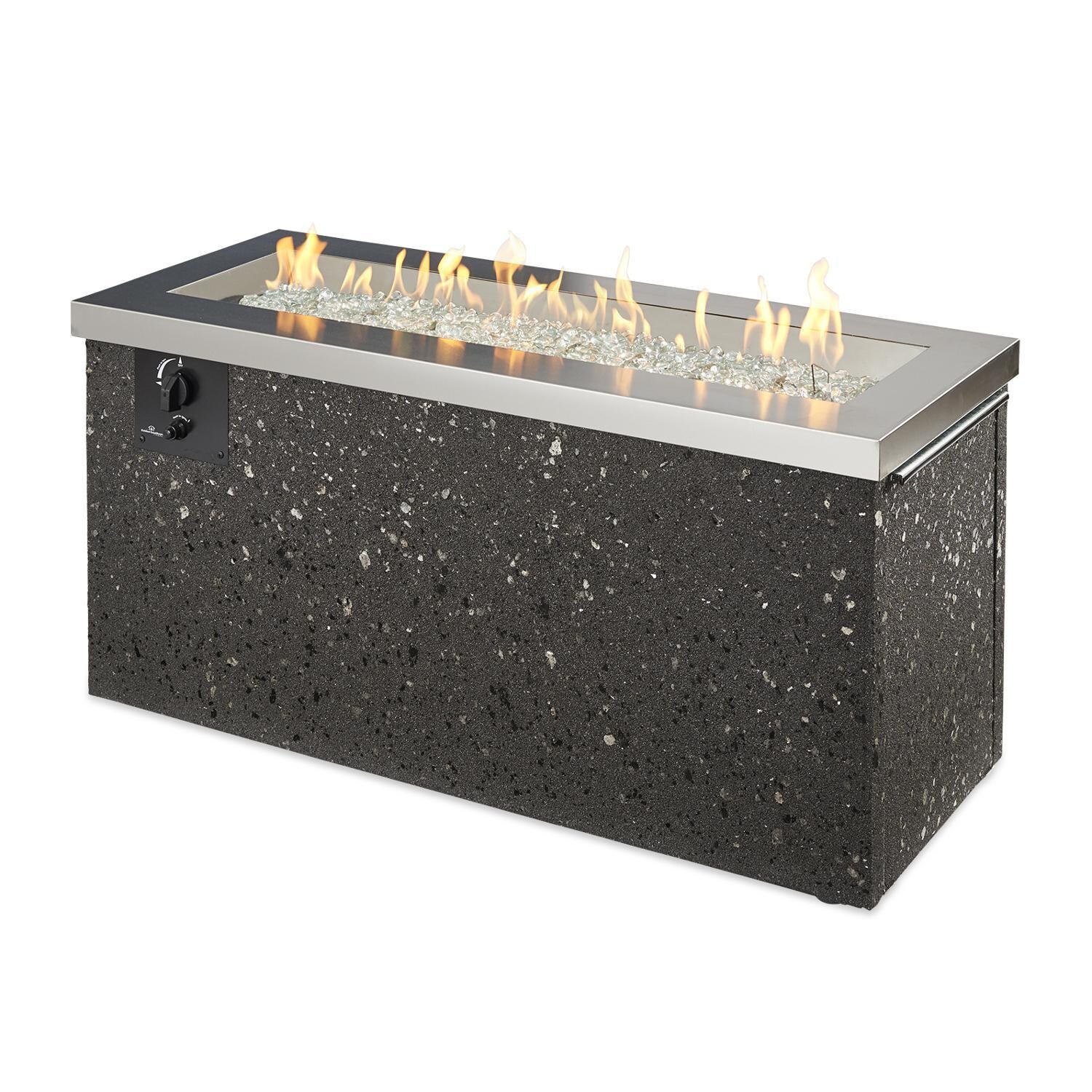 Key Largo 54 Inch Direct Spark Ignition Rectangular Stucco Propane Fire Pit Table in Stainless Steel By The Outdoor GreatRoom Company - Flame - White Background