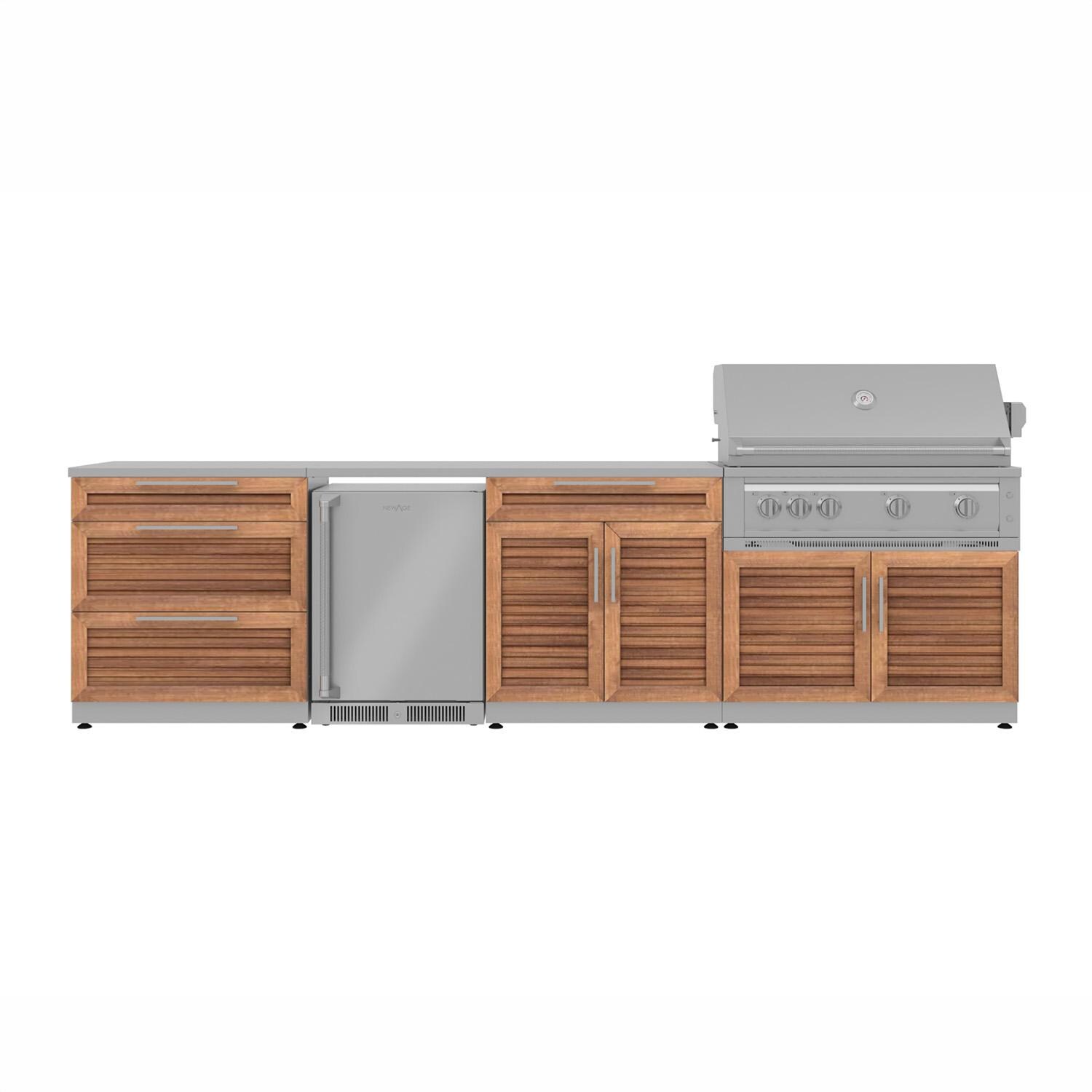 NewAge Products 67900 Classic Series 10 1/2 Ft Outdoor Kitchen Island w/ 40-in Propane Grill, Refrigerator, Trash Bin, Door & Drawer in Grove/Stainless Steel - Island - White Background thumbnail