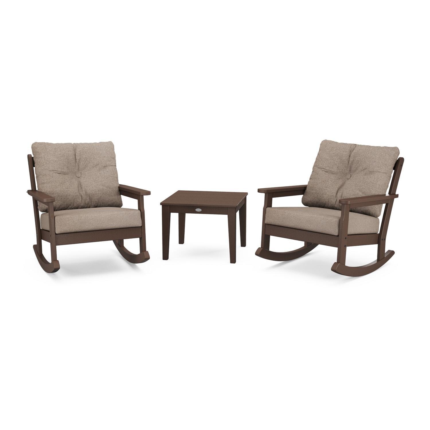 Vineyard 3 Pc Recycled Plastic Rocking Chair Set in Mahogany/Spiced Burlap by POLYWOOD