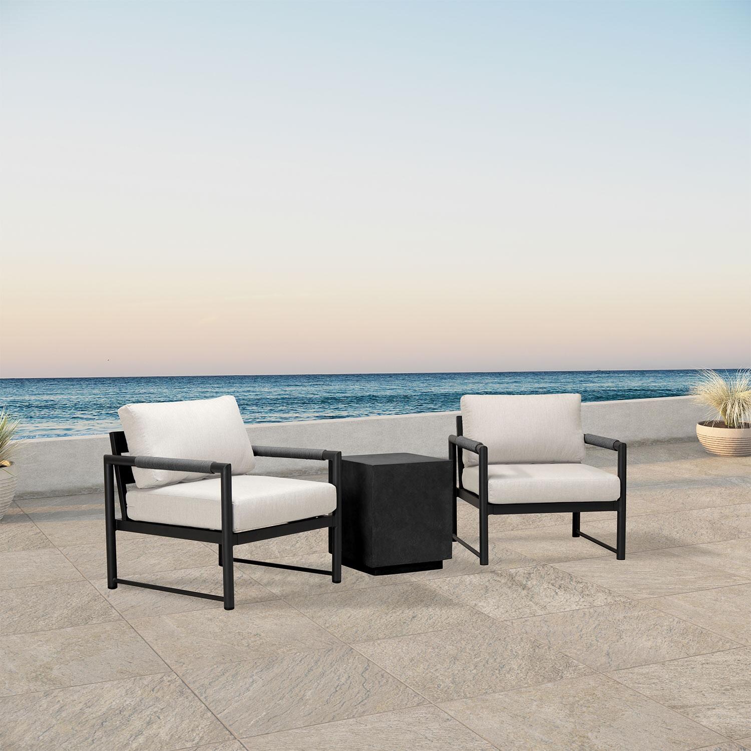 Lakeview AVEBAY-BK-CO-SET104-CS Avenue Bay Black/Carbon 3 Pc Chat Set - Cast Silver - Angled On Patio - Lifestyle thumbnail
