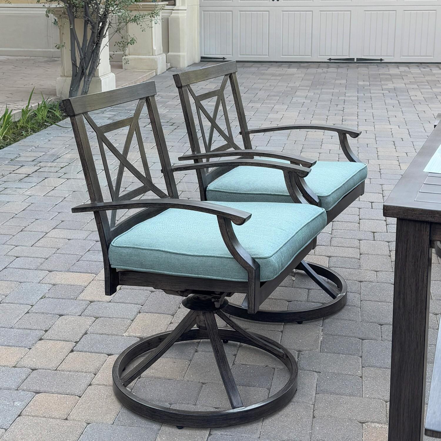 Atlantis 8 Pc Aluminum Dining Set w/ 6 Swivel Rocker Dining Arm Chairs & Two Person Bench in Walnut/Spa by Darlee - Chairs At Table - Lifestyle thumbnail