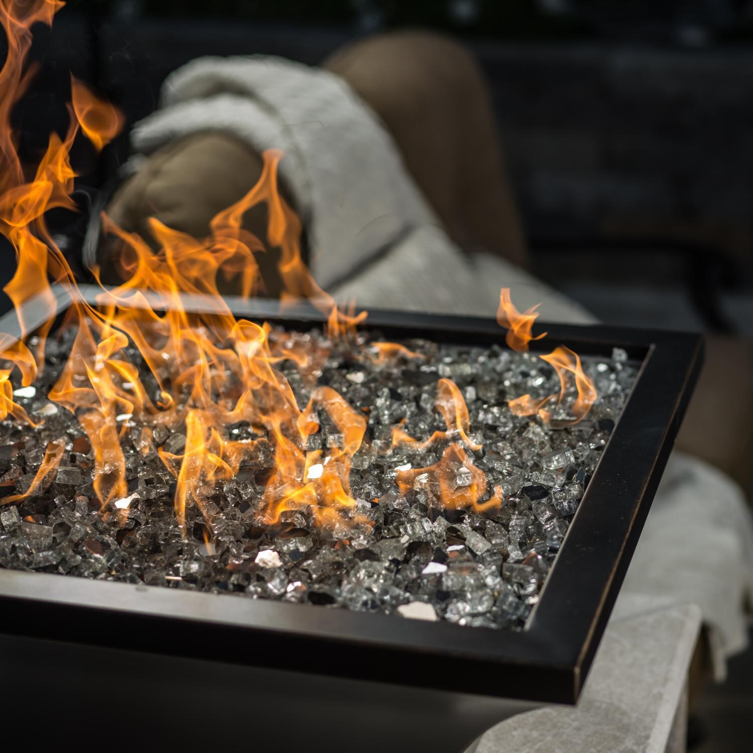 BBQGuys Signature Series Lavelle 24-Inch Square High-Rise Propane Fire Bowl - Oil Rubbed Bronze - Close Up - Shown with 1/2 inch Diamond Clear Reflective Fire Glass (Sold Separately) thumbnail