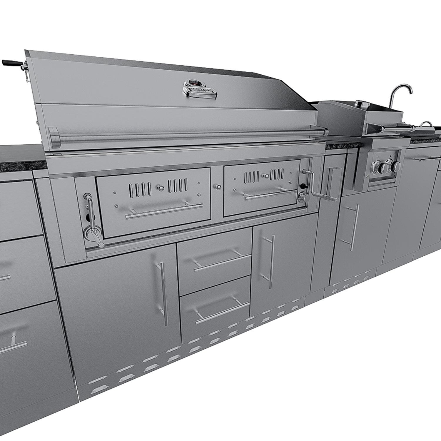 Sunstone Grills SCPDALLAS14-NG Dallas 14 Ft Outdoor Kitchen Island w/ Natural Gas Grill & Side Burner, Sink, Refrigerator, Trash Bin, Door & Drawer - Grill Front Up Close - White Background thumbnail